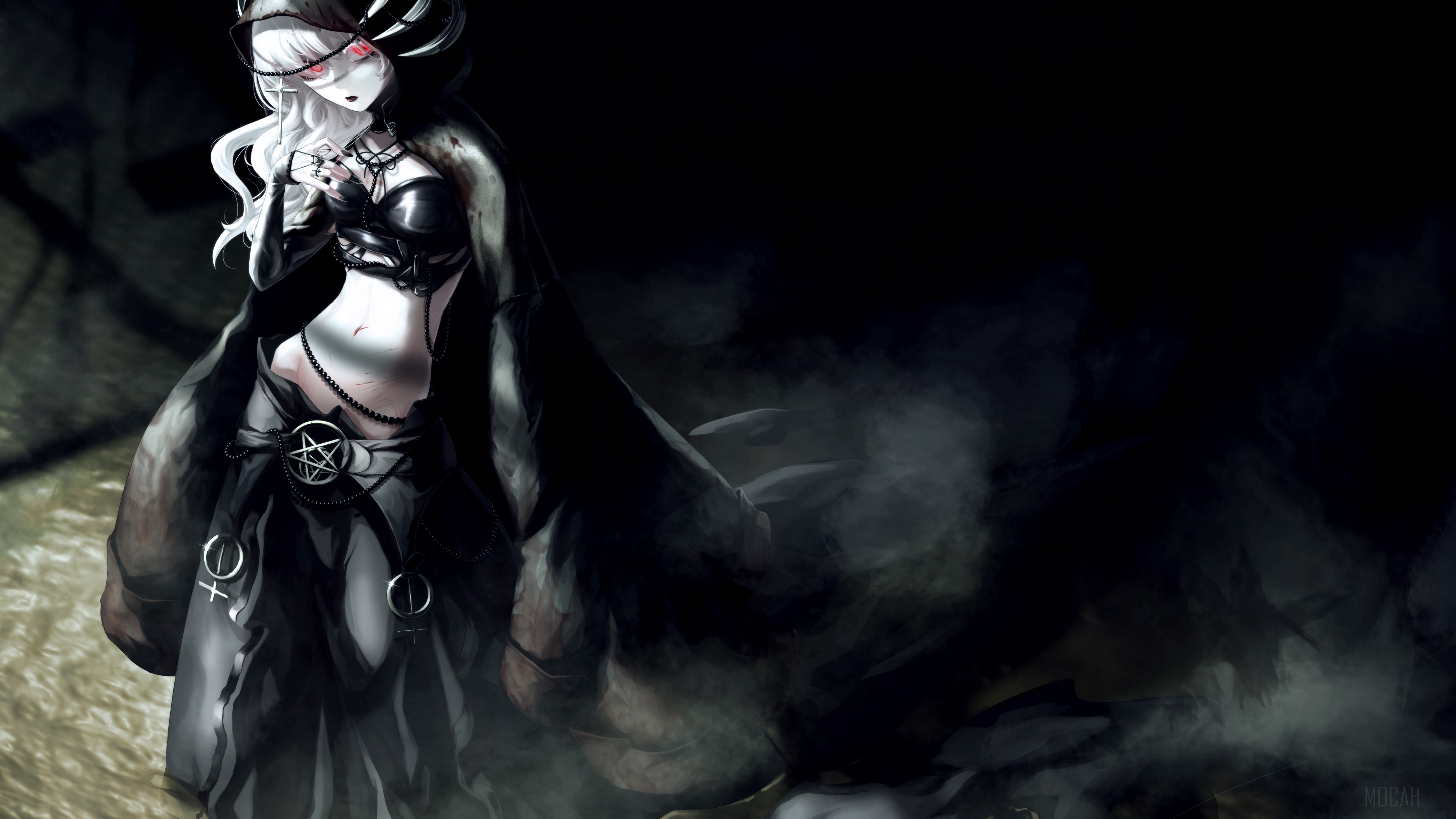 Girl in dark attire with pentagram HD Wallpaper