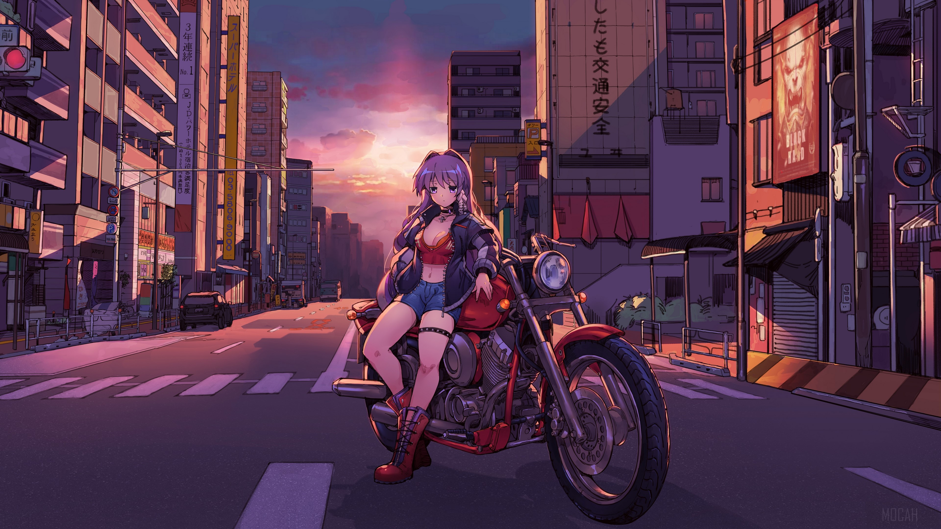 Anime girl with purple hair on a motorcycle in a city at sunset 4K HD Wallpaper