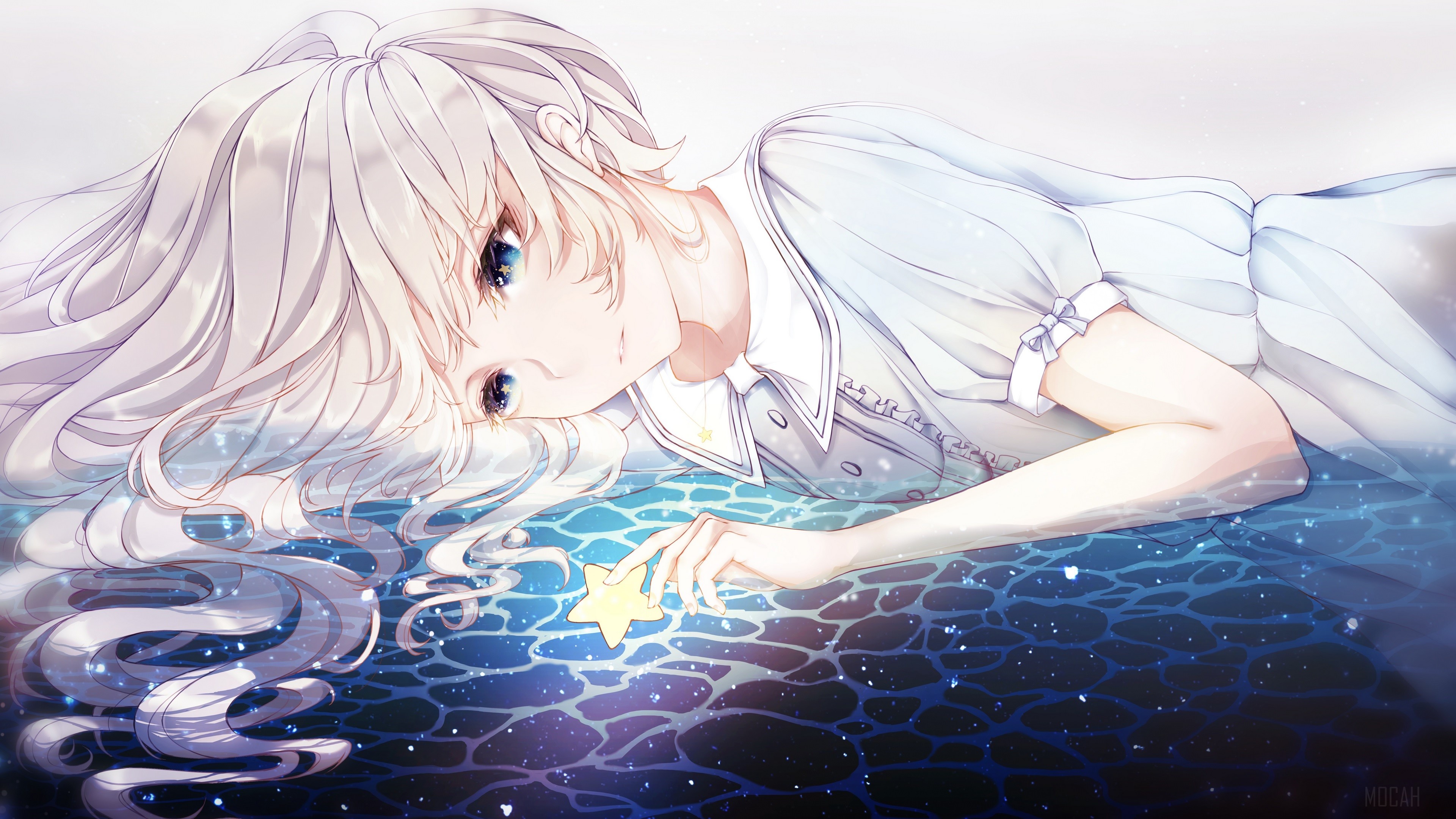 Girl with white hair in water holding a star HD Wallpaper