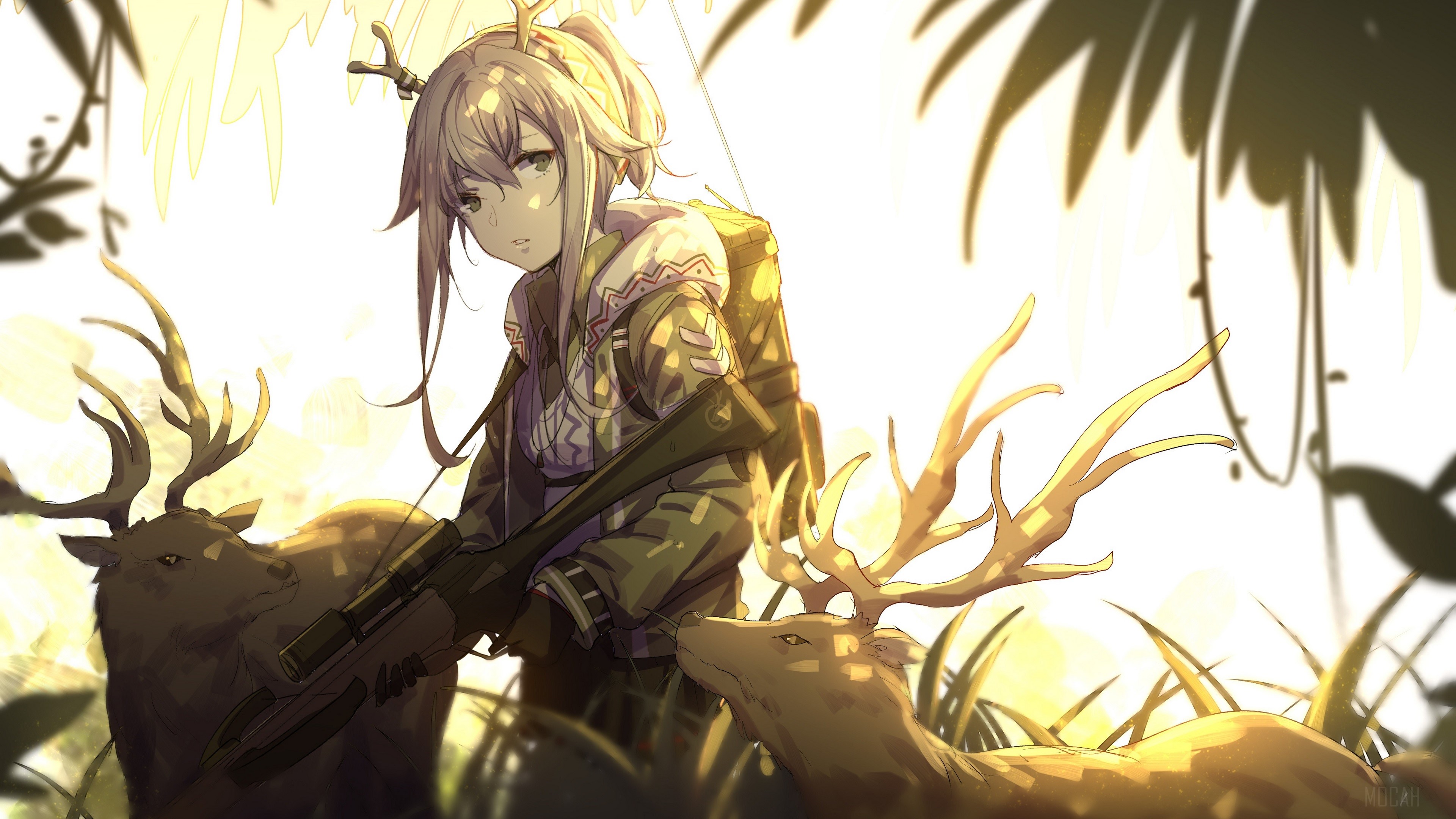 Girl with rifle and deer in forest HD Wallpaper