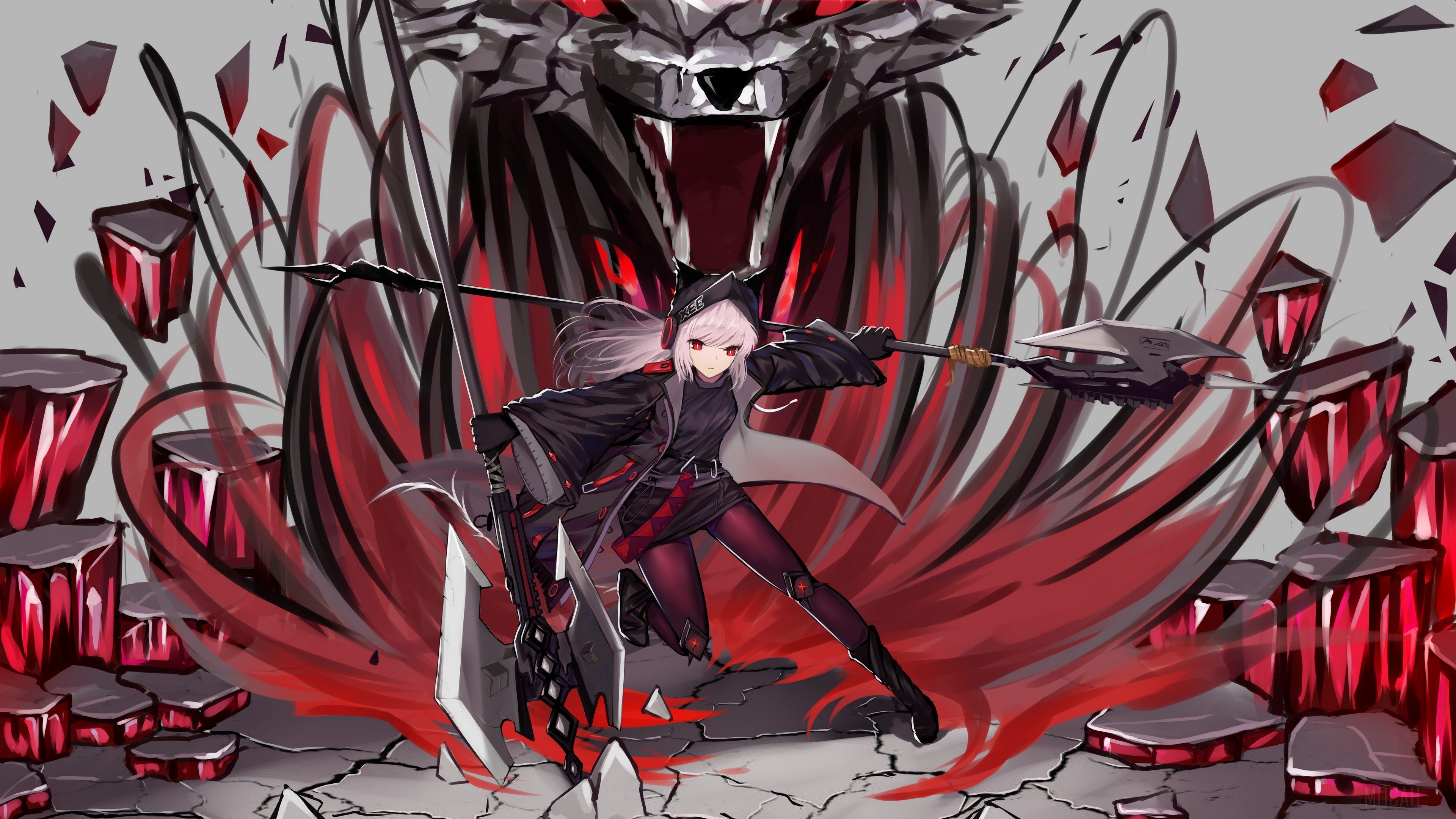 Girl with scythe and spear and wolf spirit HD Wallpaper