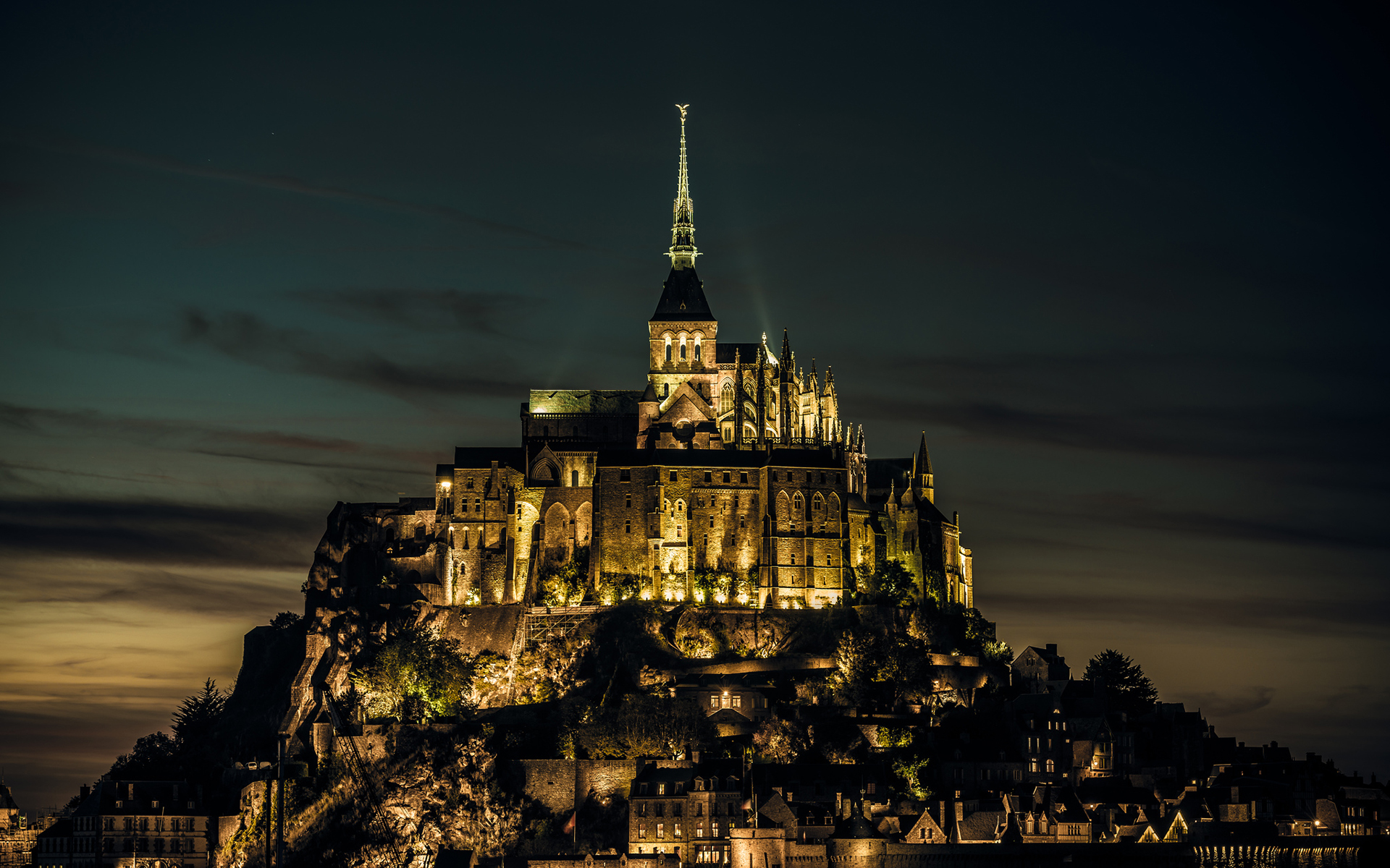 Illuminated Mont Saint Michel at Night HD Wallpaper
