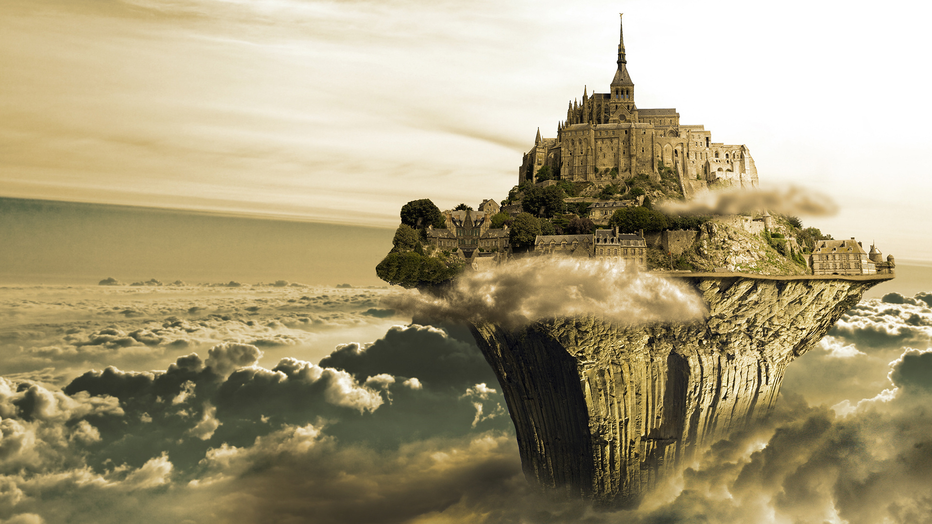 Floating island castle above the clouds HD Wallpaper