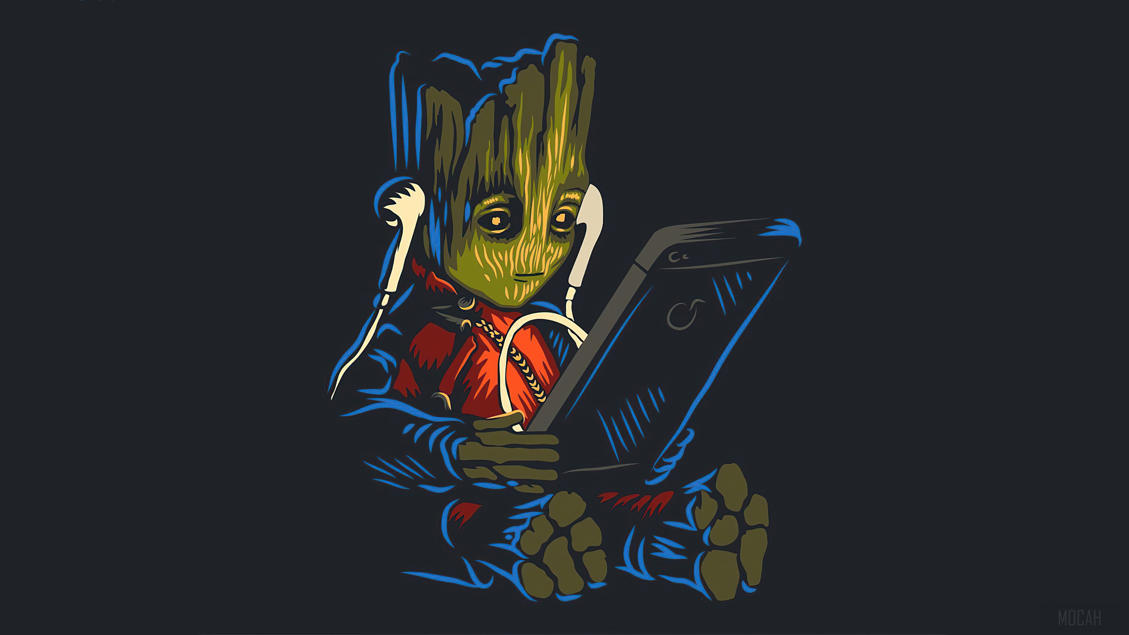 Baby Groot from Guardians of the Galaxy listening to music on phone 4K HD Wallpaper