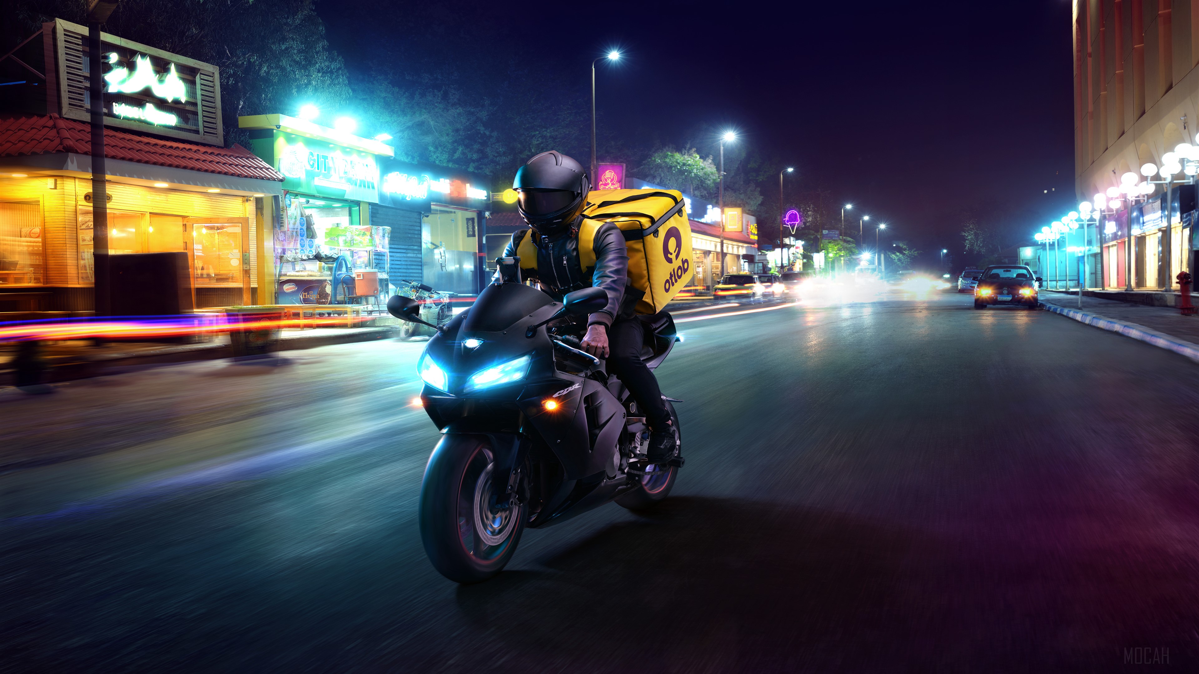 Delivery boy on a motorcycle at night HD Wallpaper