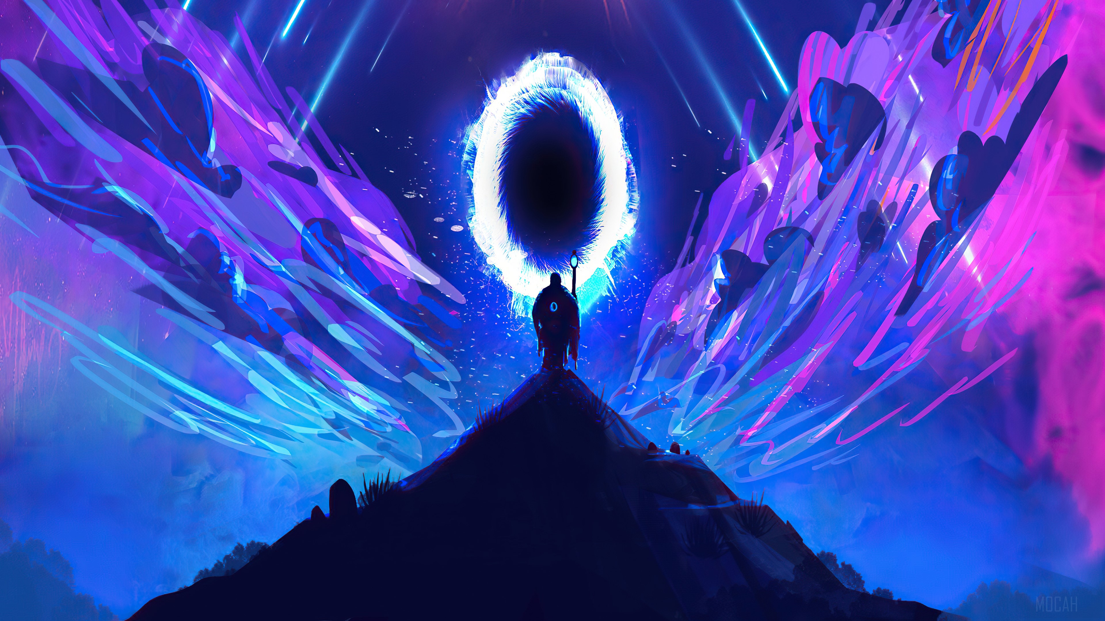 Silhouette walking towards glowing portal 4K HD Wallpaper