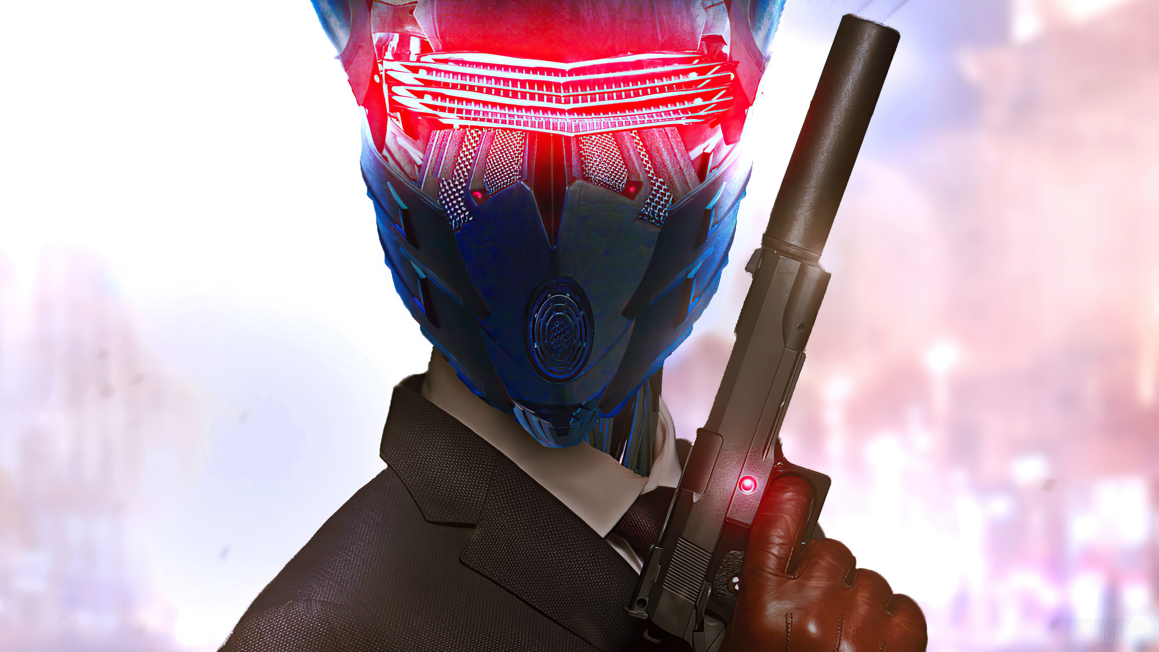 Secret Agent with Futuristic Mask and Gun 4K HD Wallpaper
