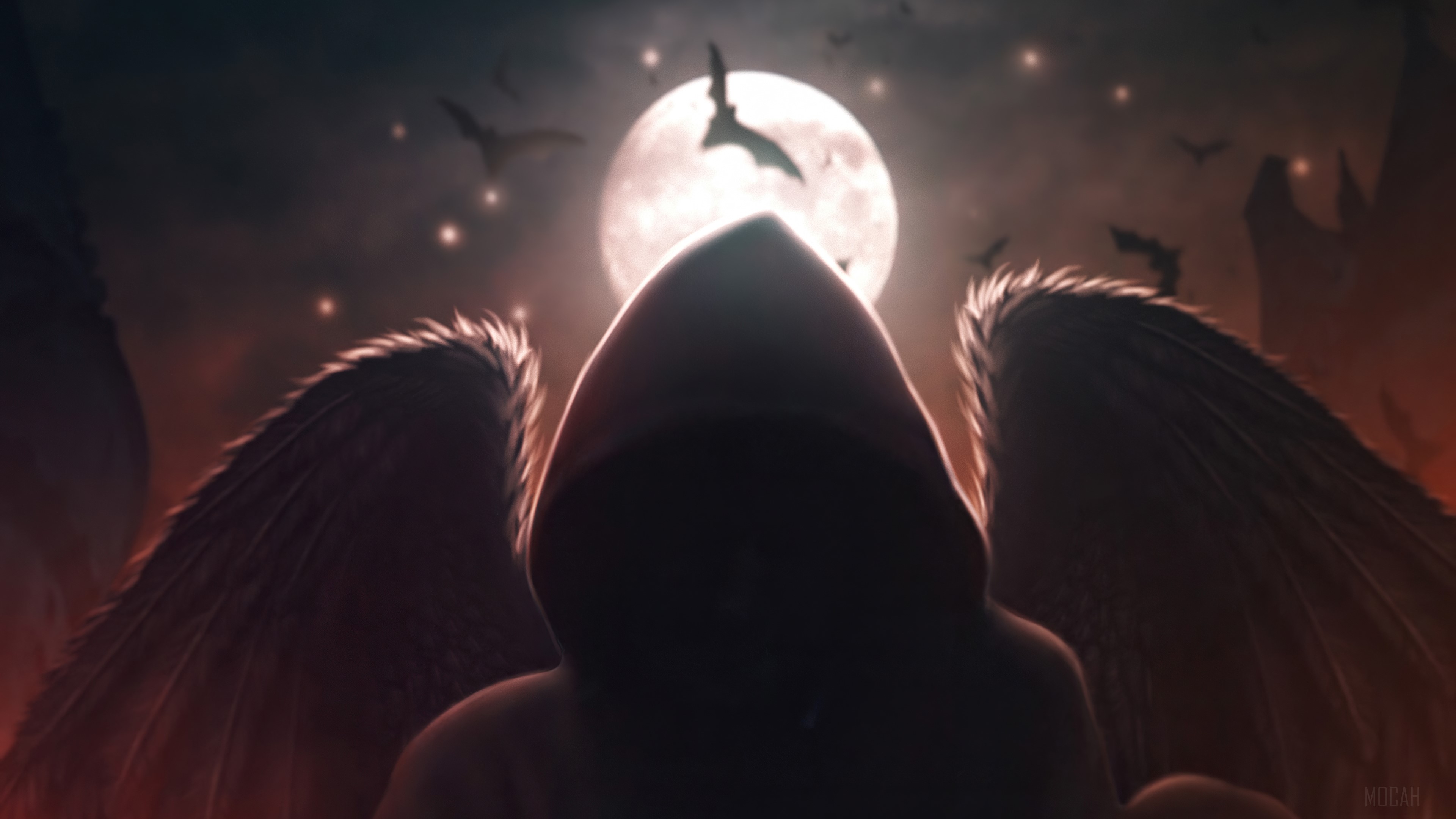 Hooded Angel with Wings in Front of Moon HD Wallpaper