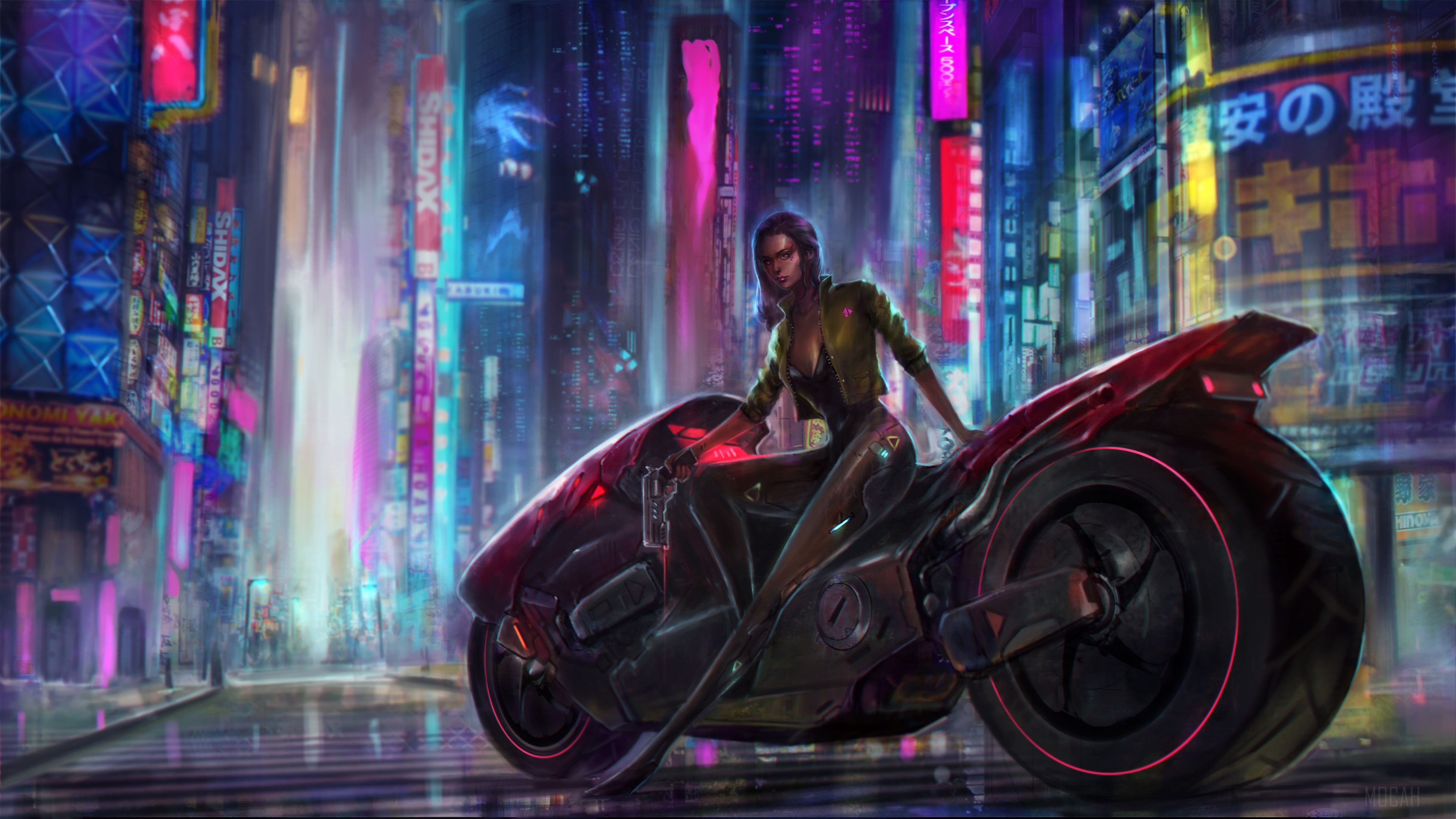 Cyberpunk Girl Biker in Neon City 4K HD Wallpaper