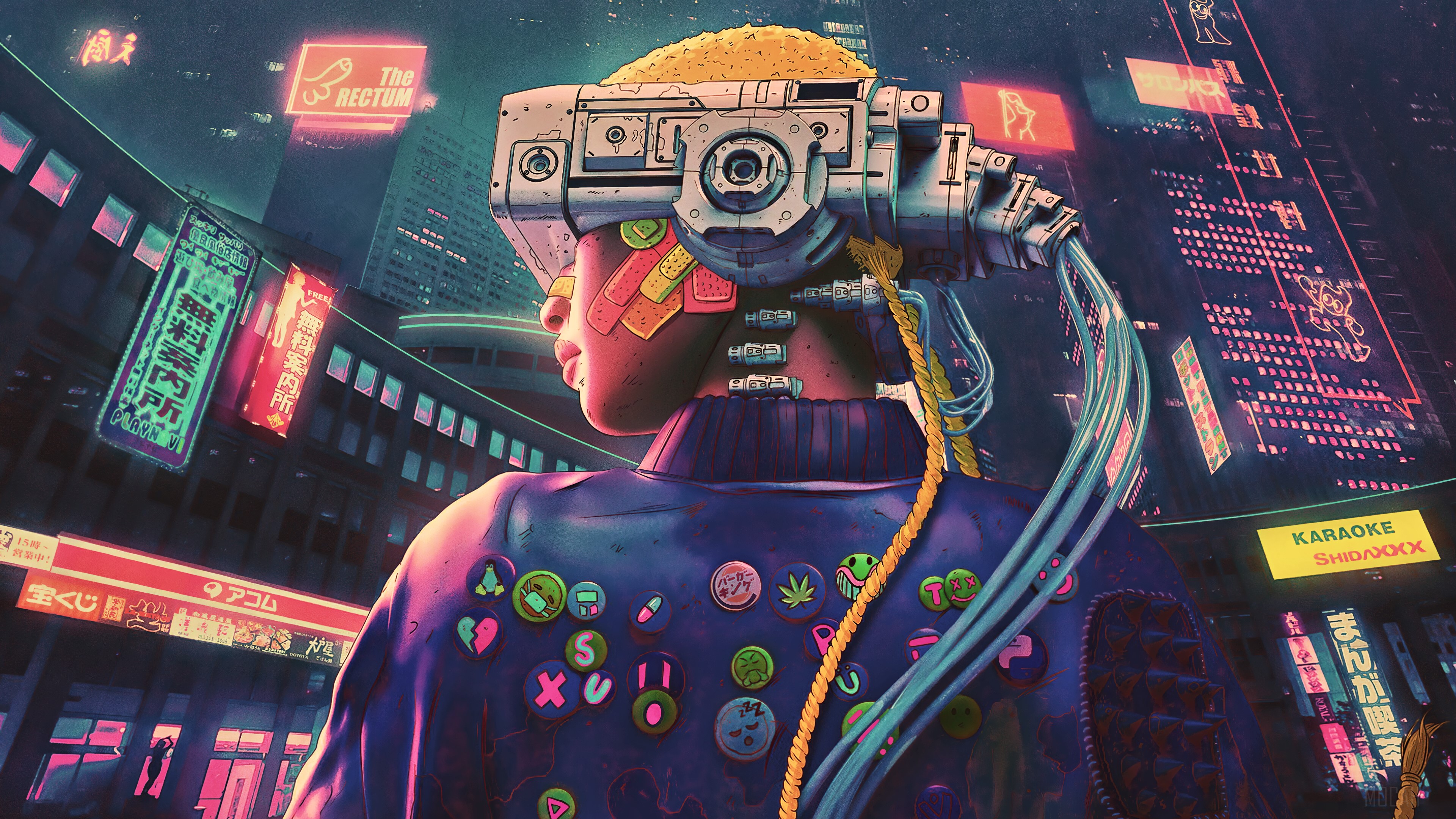 Cyberpunk City with Person in VR Headset 4K HD Wallpaper