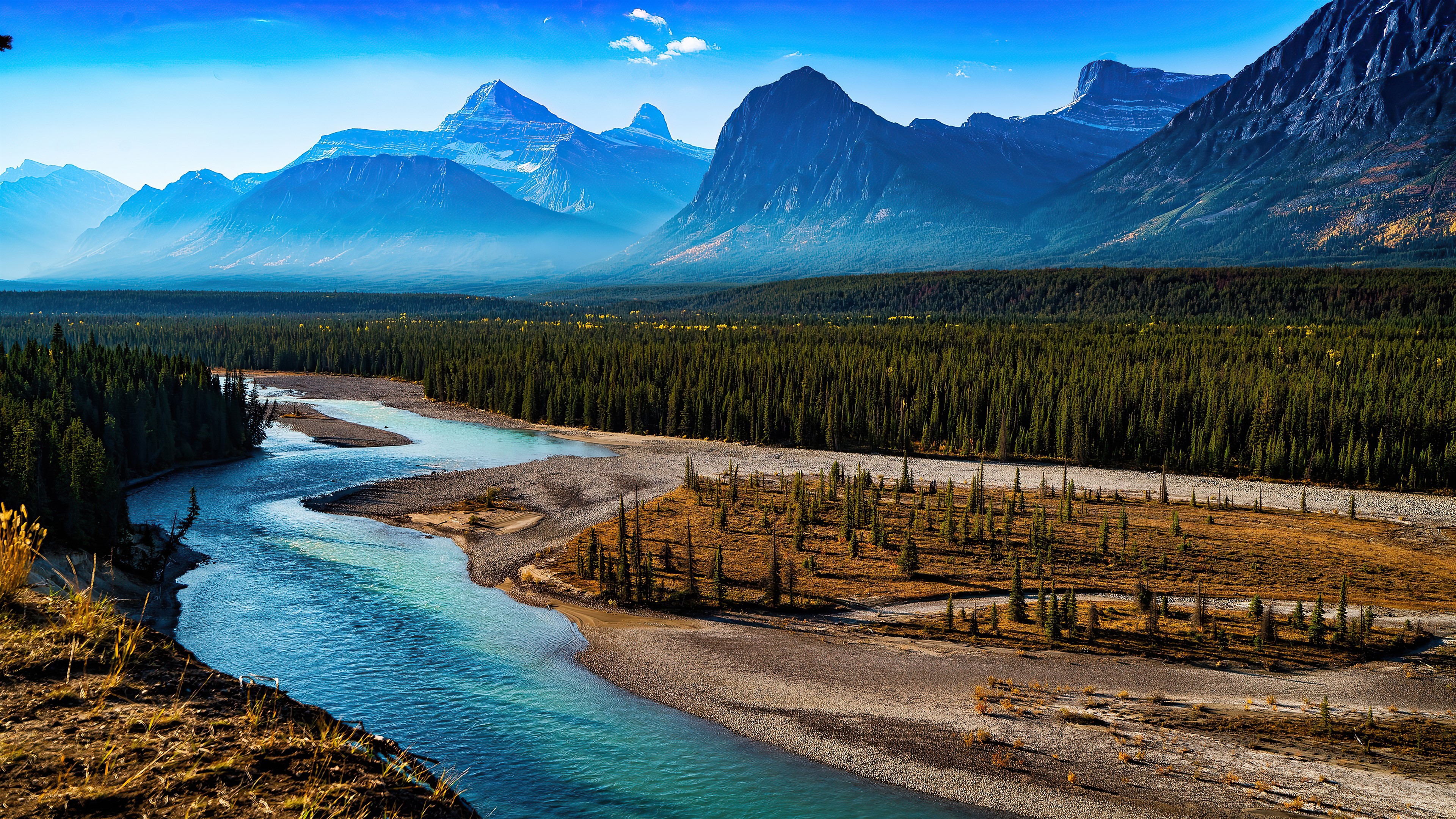Forest Landscape with Mountains and River 4K HD Wallpaper