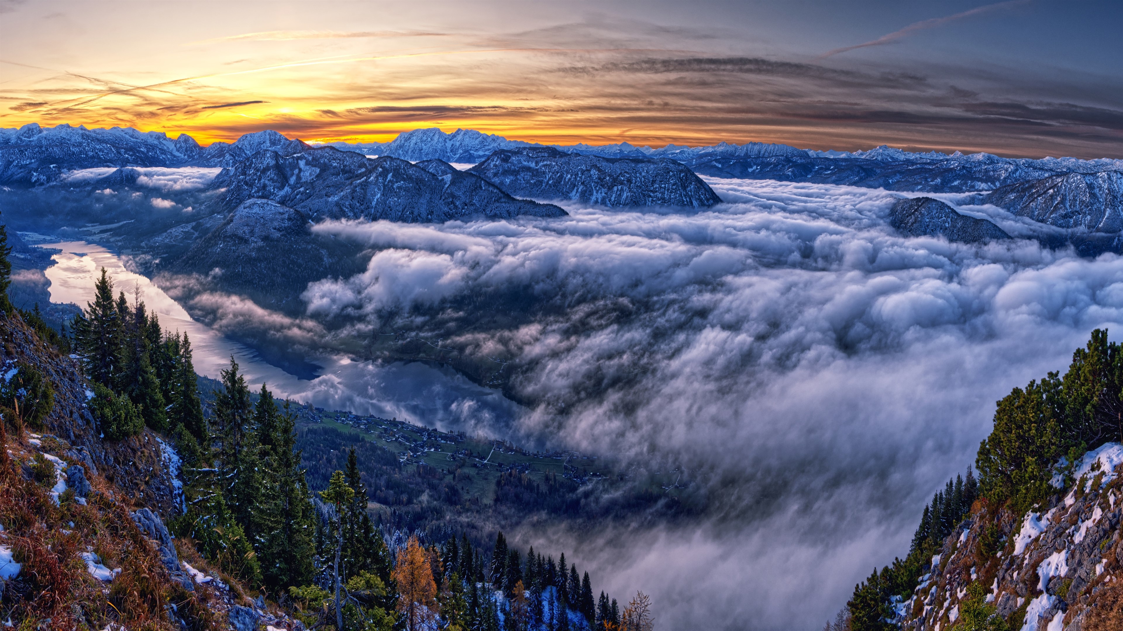 Mountain landscape with clouds and lake at sunset HD Wallpaper