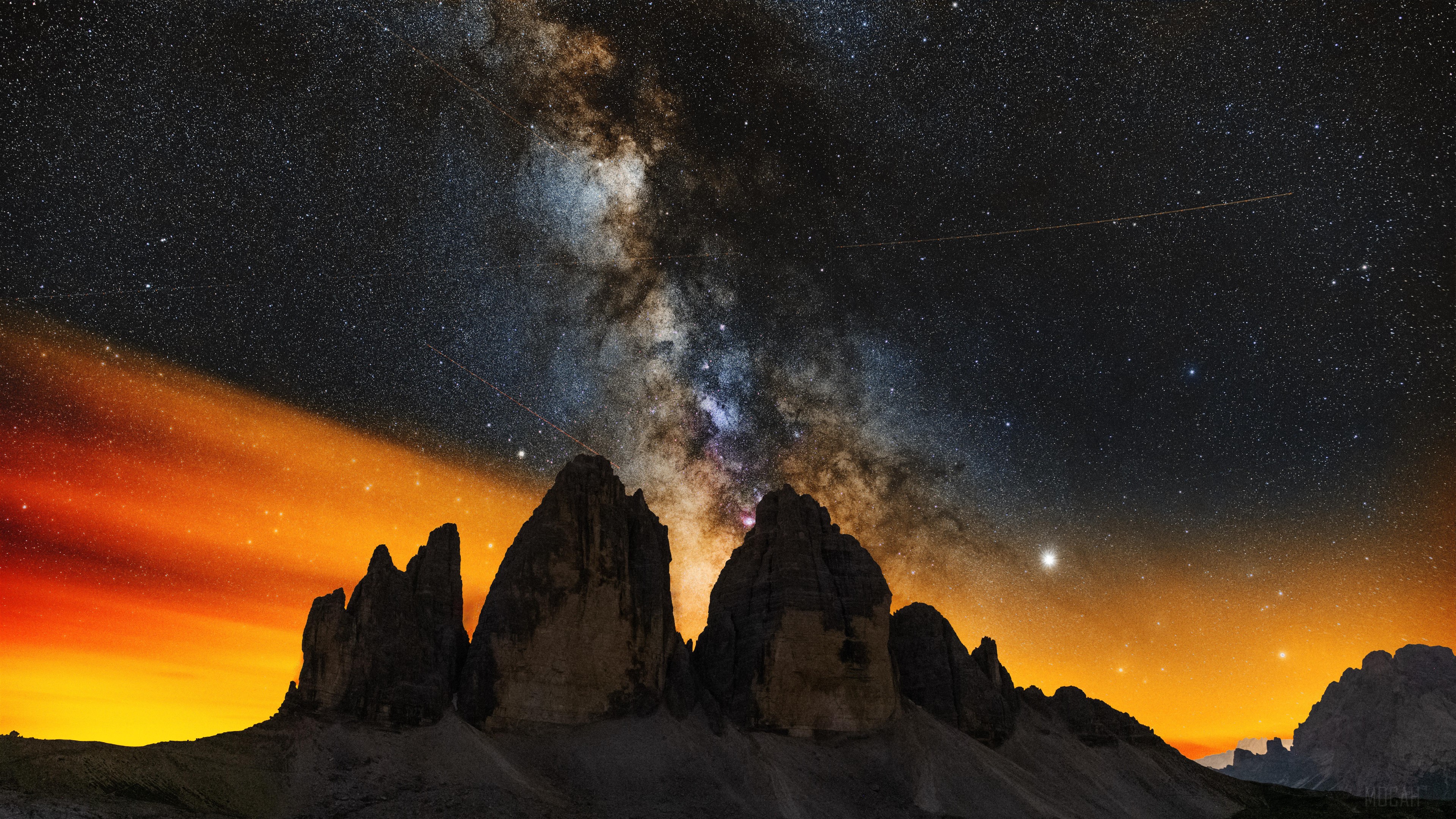 Milky Way setting behind Tre Cime di Lavaredo mountains 4K HD Wallpaper