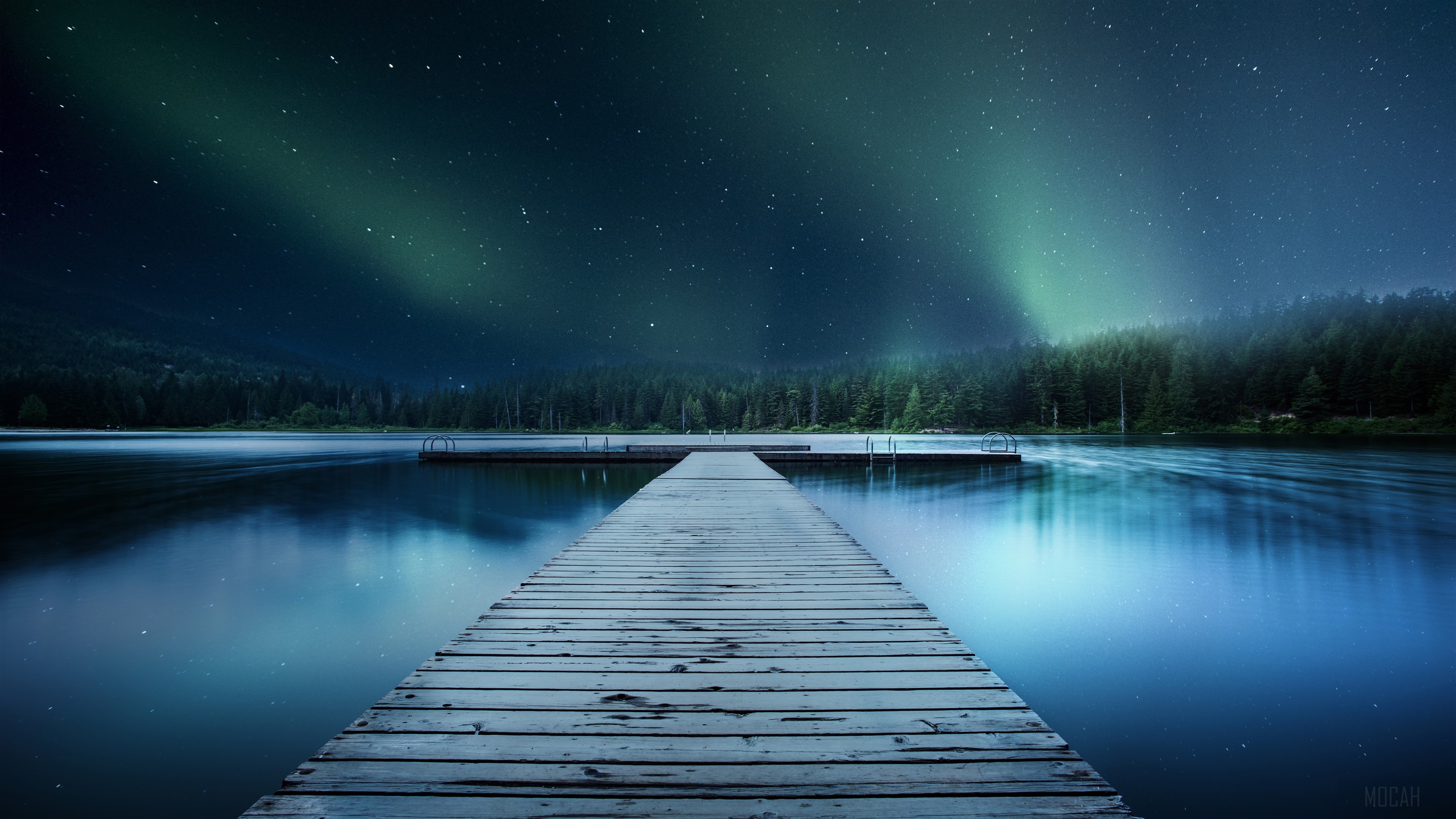 Wooden Jetty Under Aurora Borealis at Night 4K HD Wallpaper
