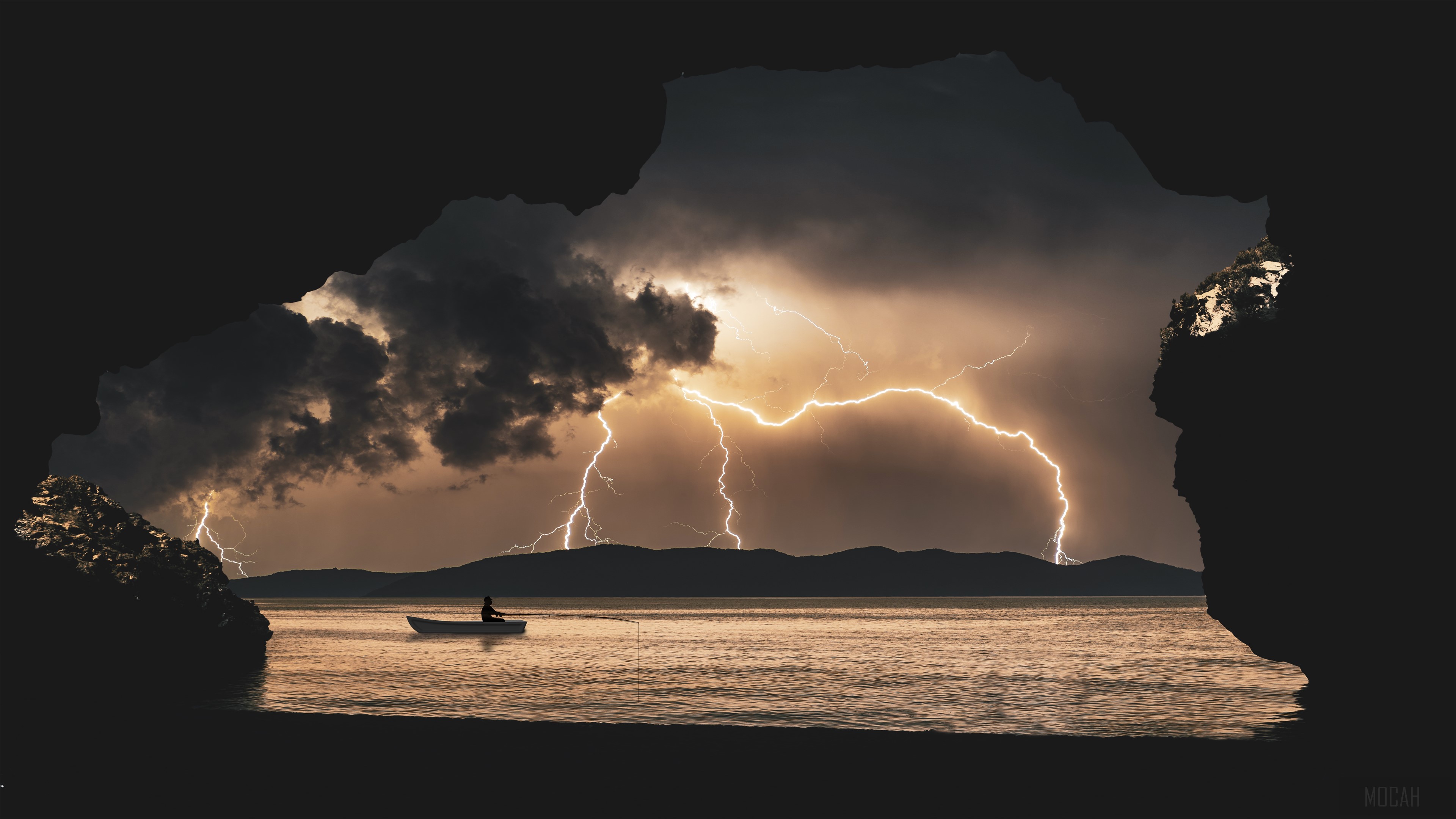 Fisherman in a Boat During a Lightning Storm HD Wallpaper
