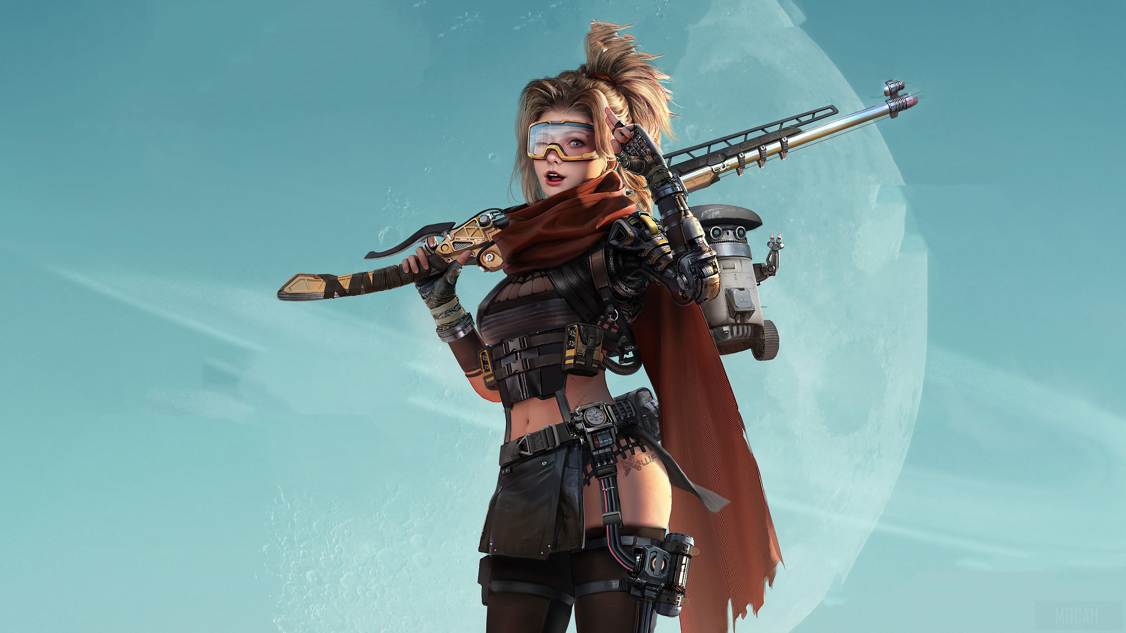 Woman with sniper rifle and robot in desert 4K HD Wallpaper