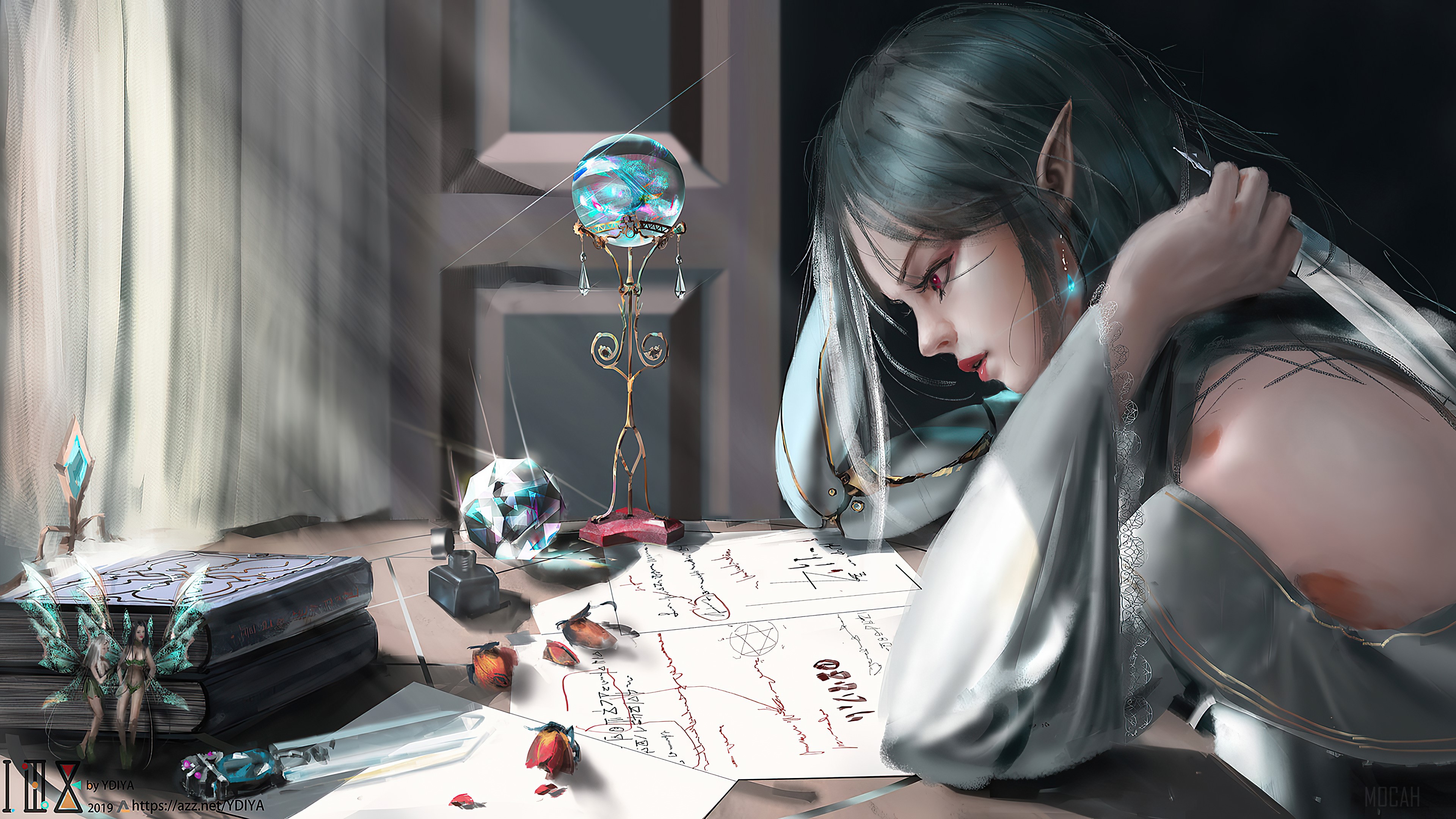 Elf girl studying ancient texts with magical artifacts HD Wallpaper