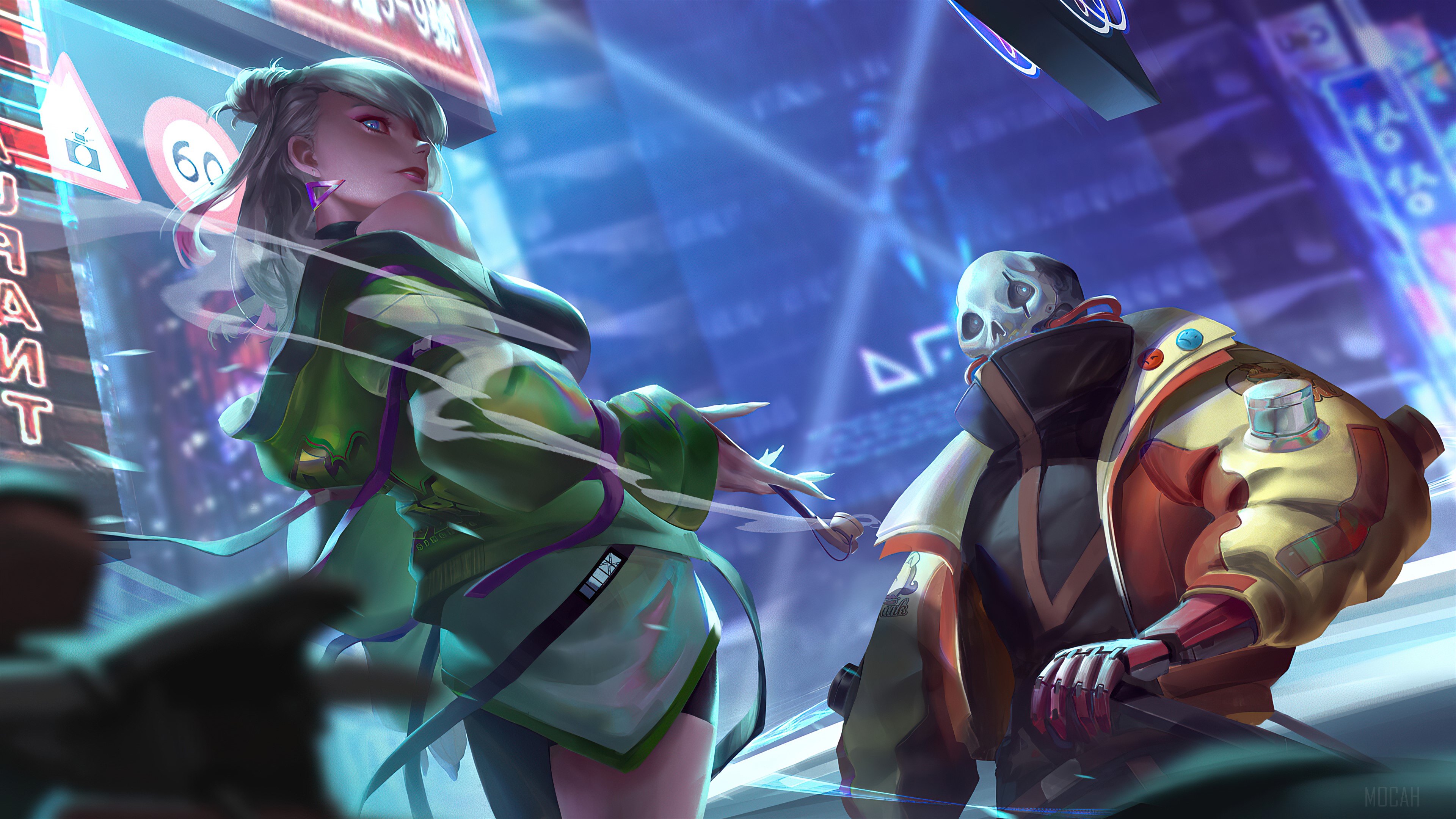 Girl and Skull-Masked Man in Neon City 4K HD Wallpaper