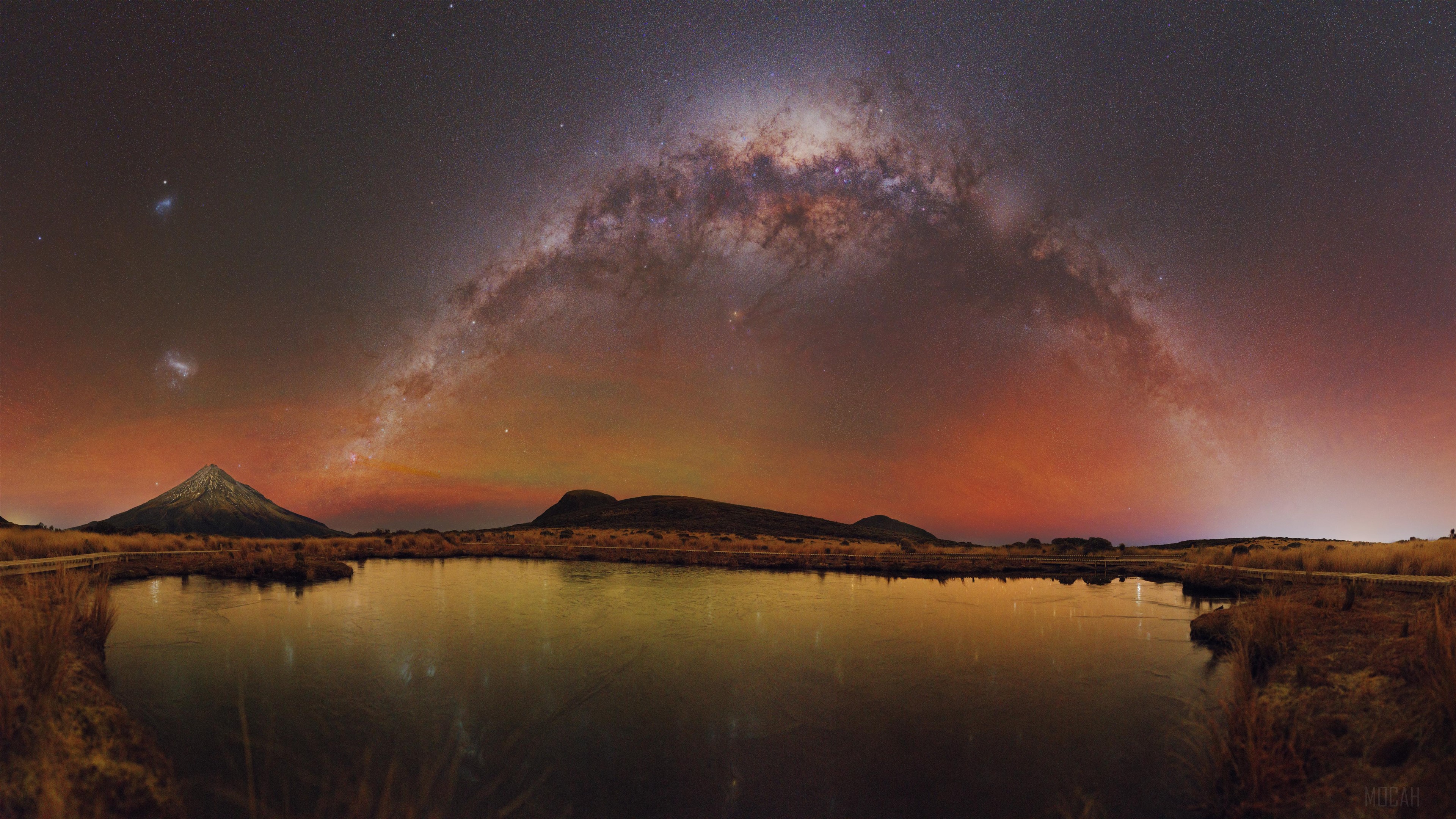 Mount Taranaki and Milky Way over Frozen Tarn 4K HD Wallpaper