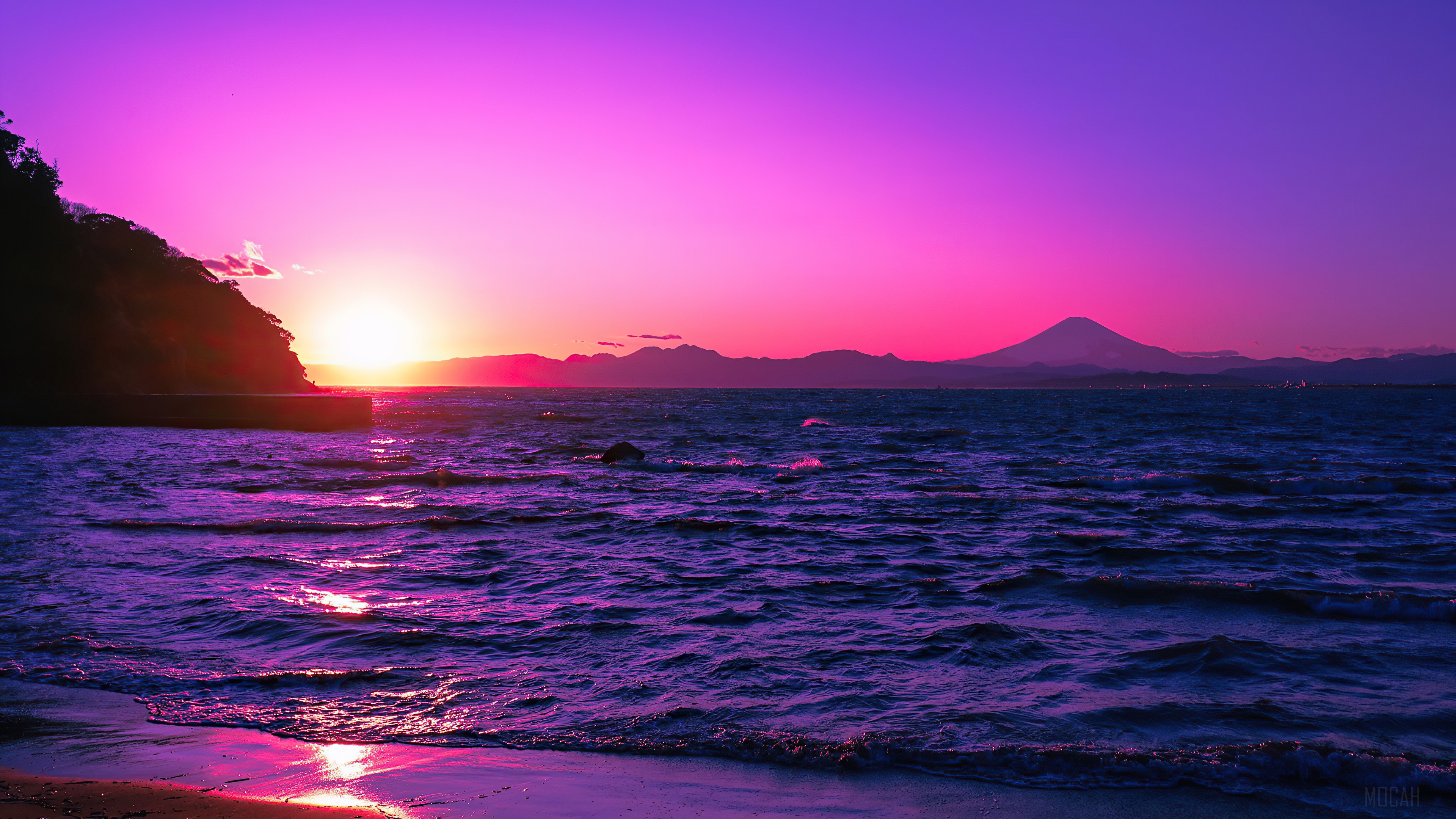 Purple Sunset Over Ocean with Mountain HD Wallpaper