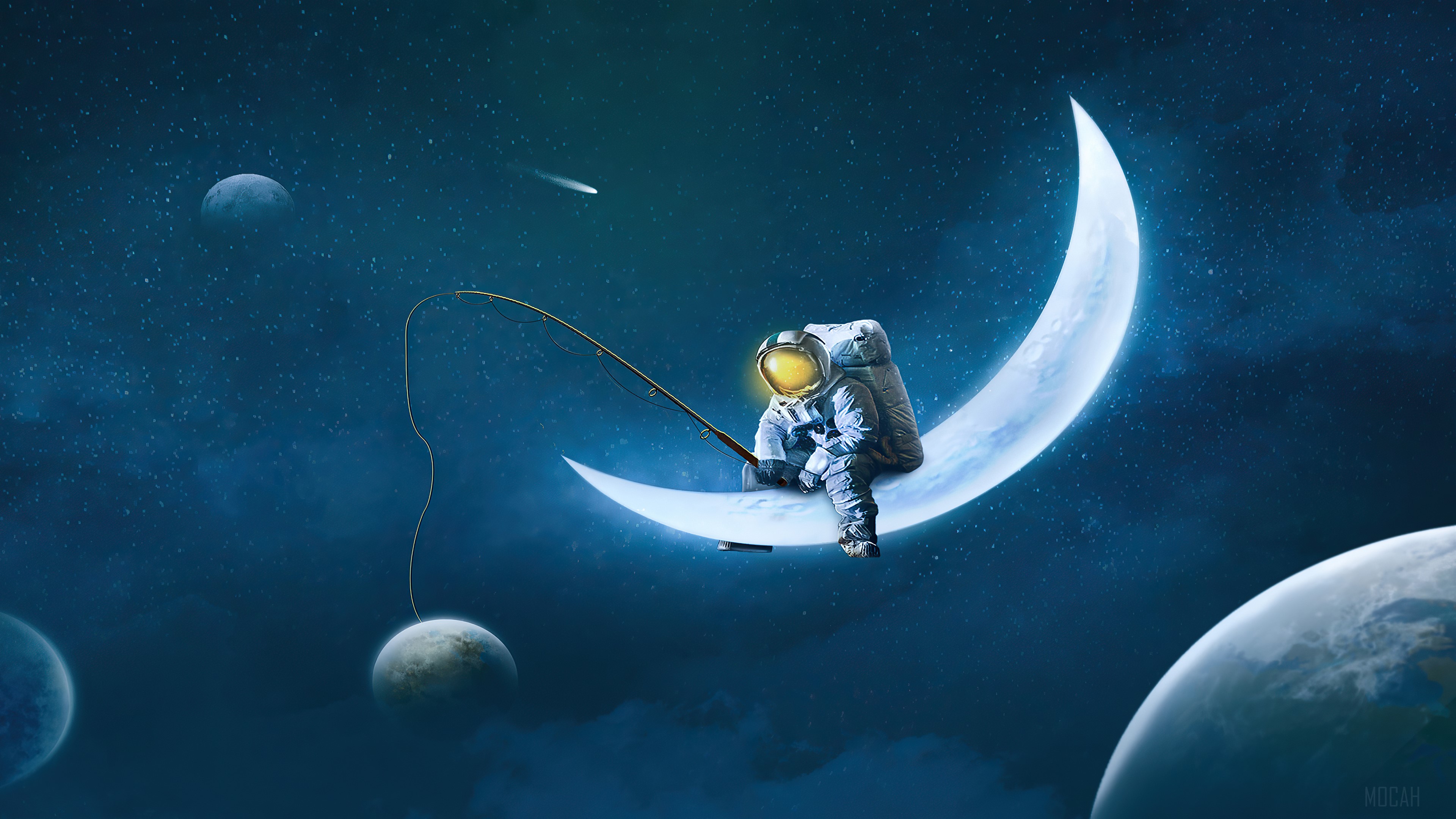 Astronaut fishing on the moon in space 4K HD Wallpaper