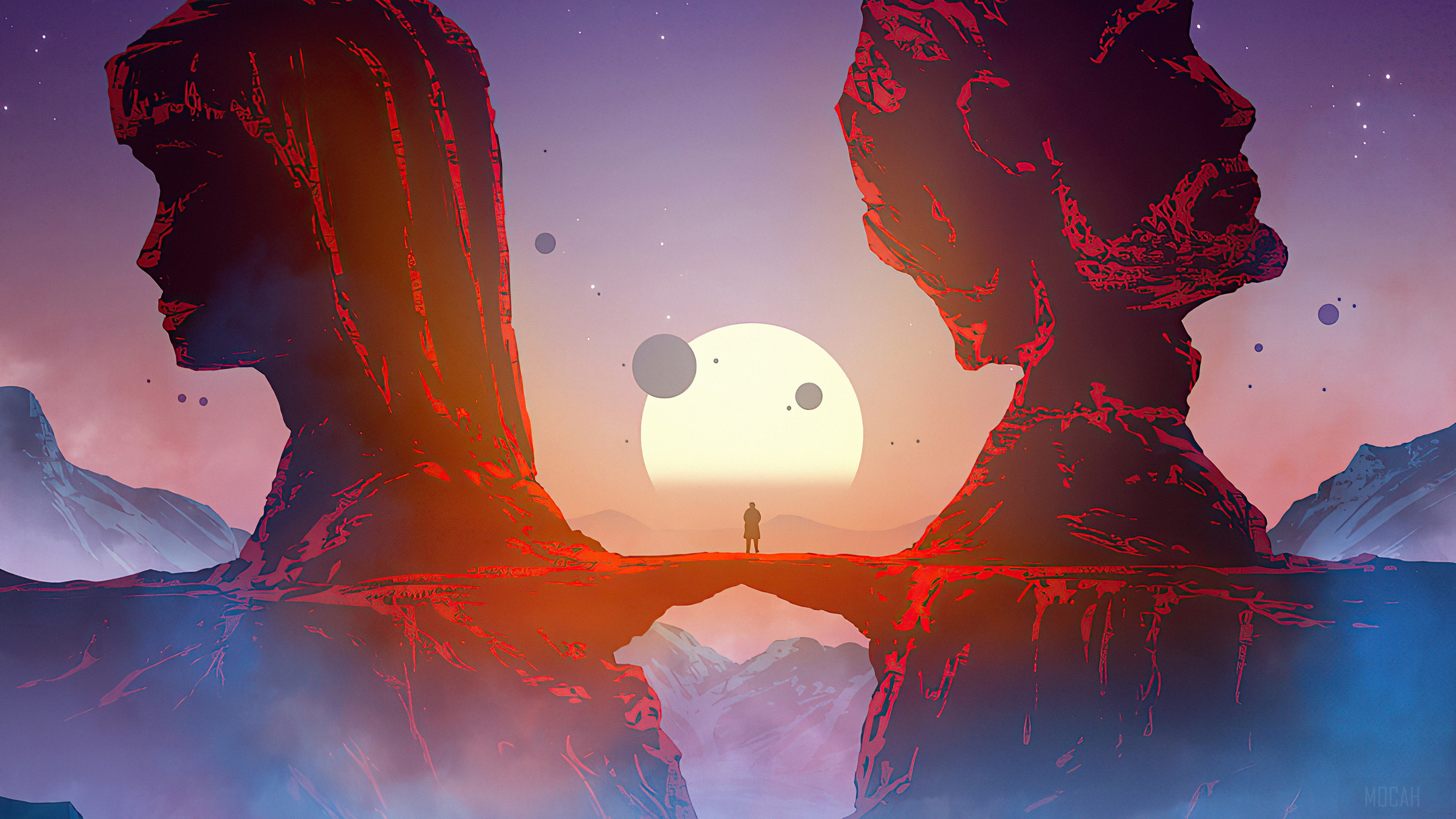 Couple rock formations and lone figure on bridge 4K HD Wallpaper