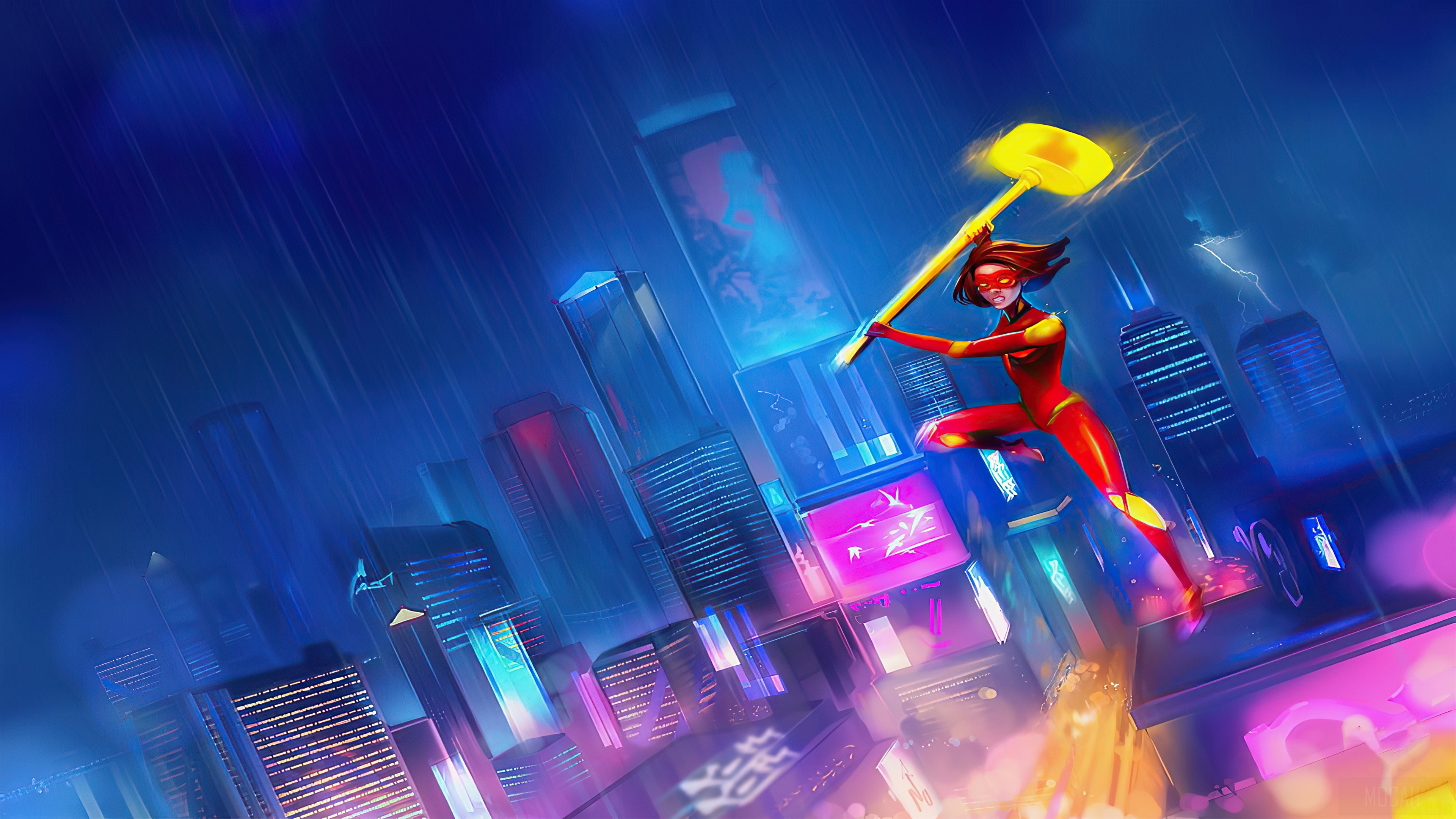 Girl Superhero with Hammer in Neon City 4K HD Wallpaper