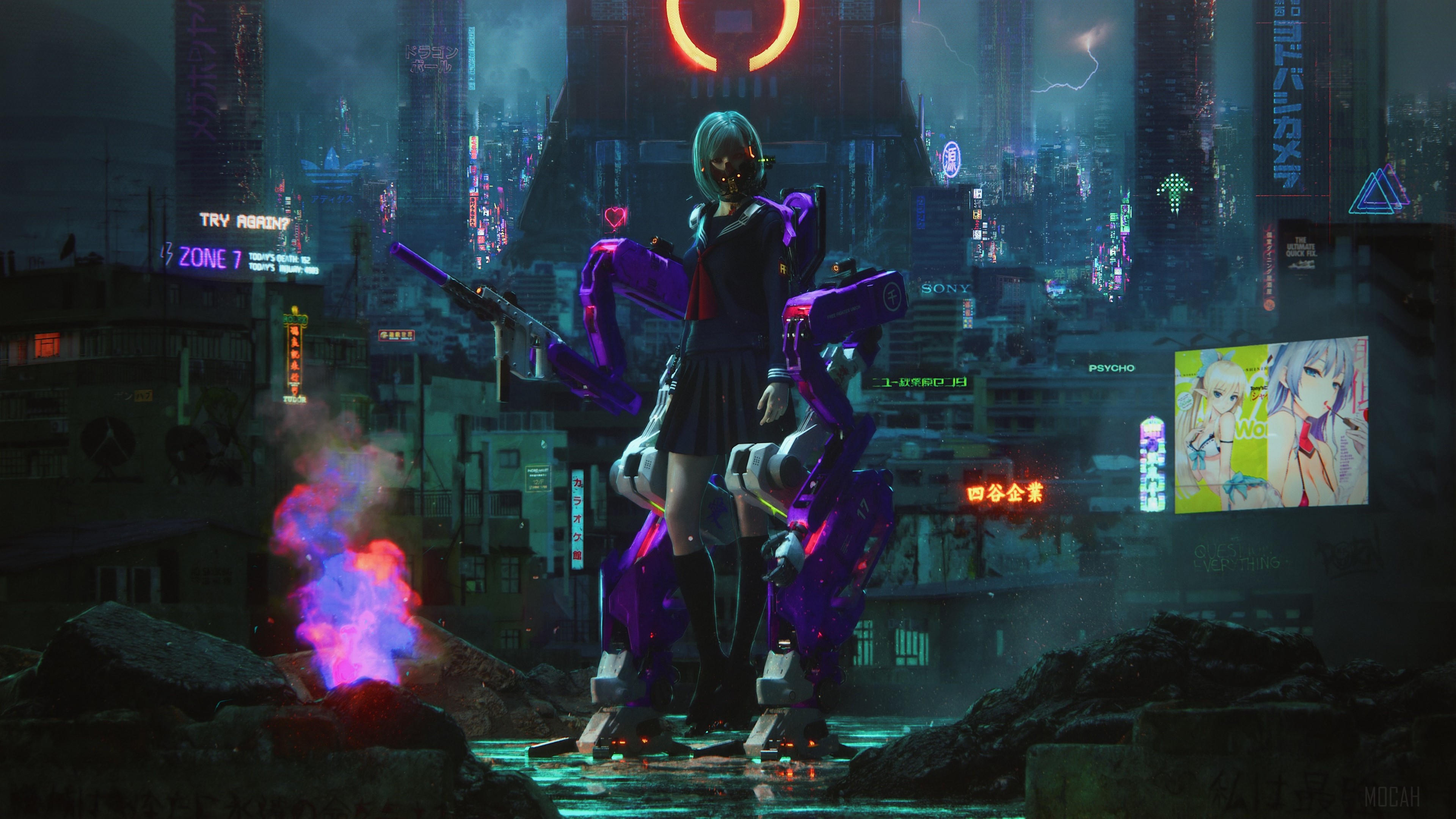 Girl in mech suit in futuristic city 4K HD Wallpaper
