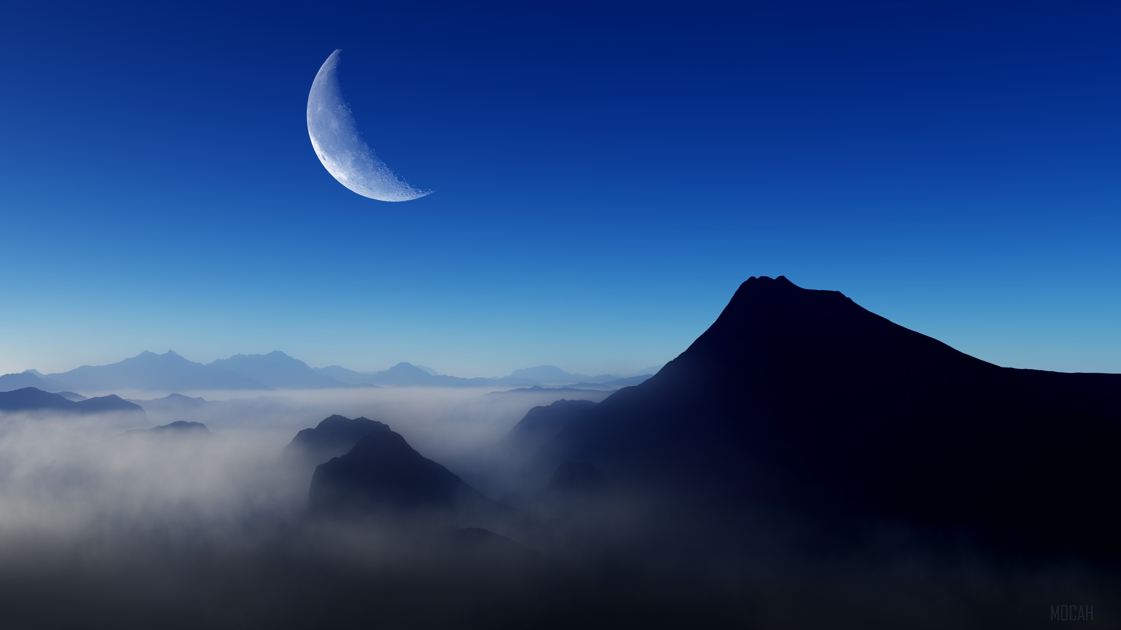 Crescent Moon Over Misty Mountains 4K HD Wallpaper
