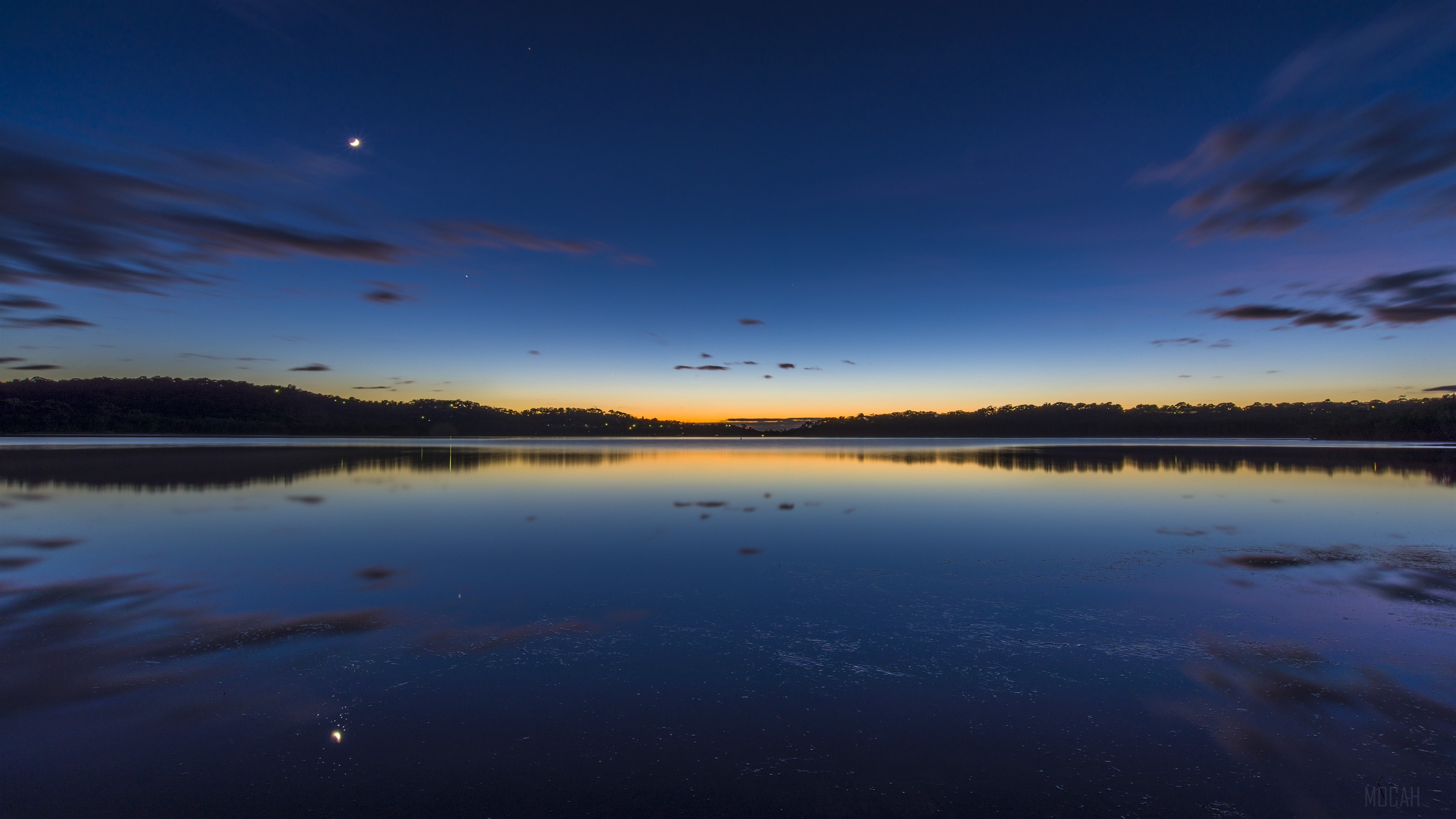 Lake at Dawn with Moon and Clouds 4K HD Wallpaper