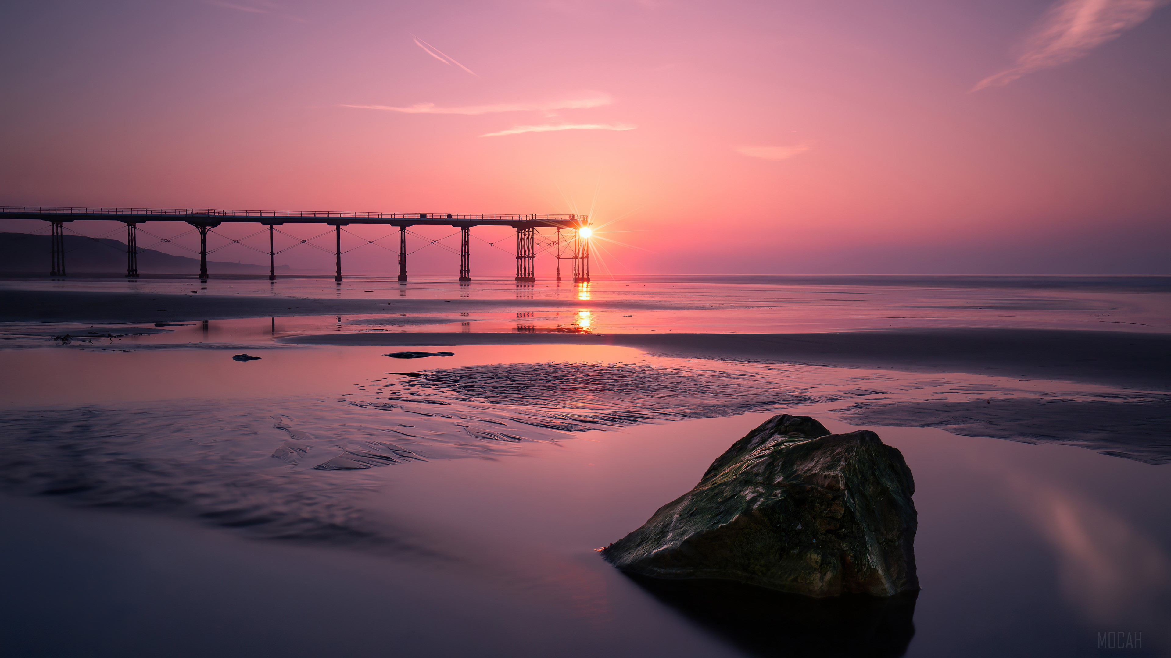 Pier on Beach at Sunset 4K HD Wallpaper