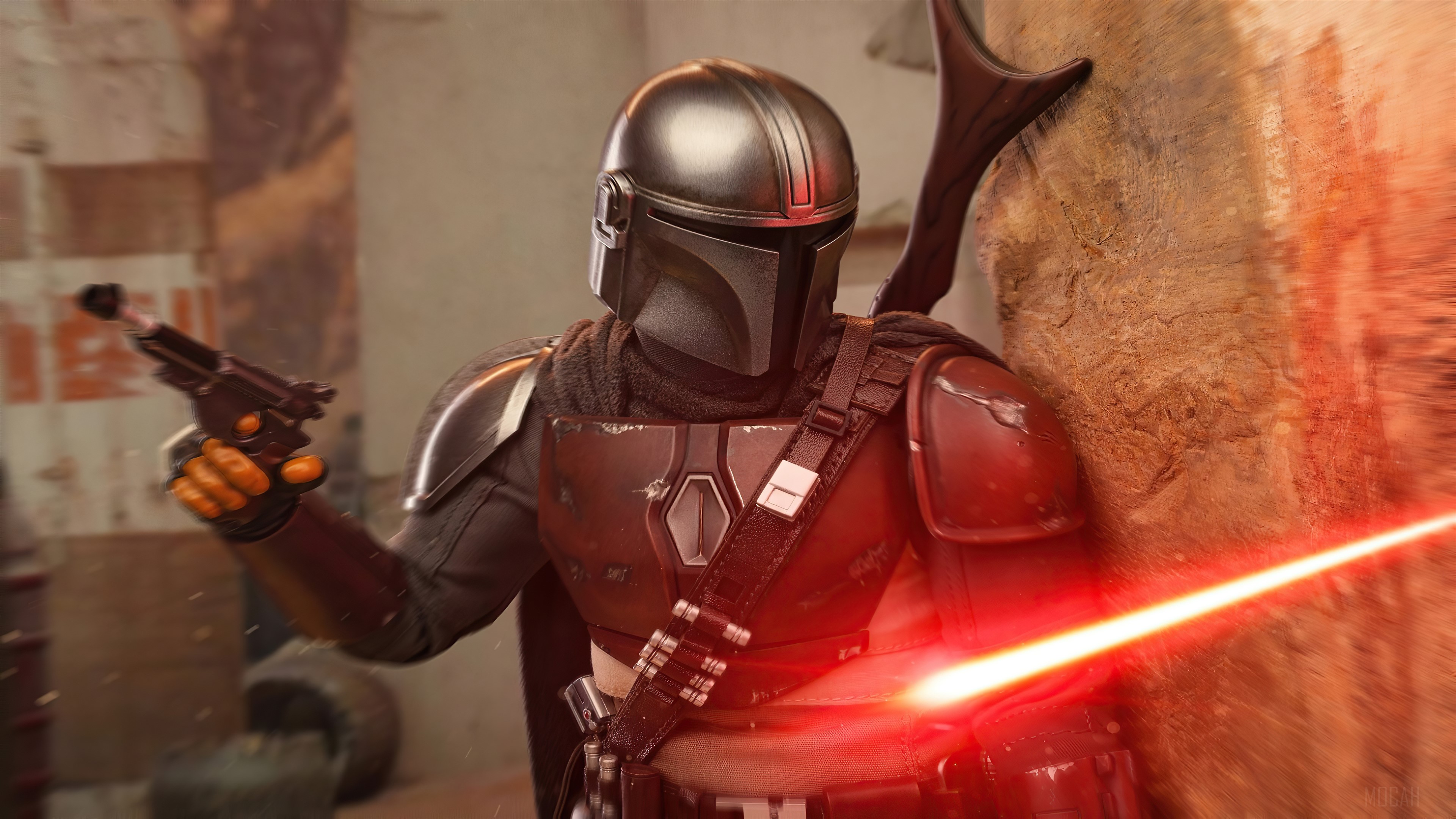 The Mandalorian with Blaster and Lightsaber HD Wallpaper