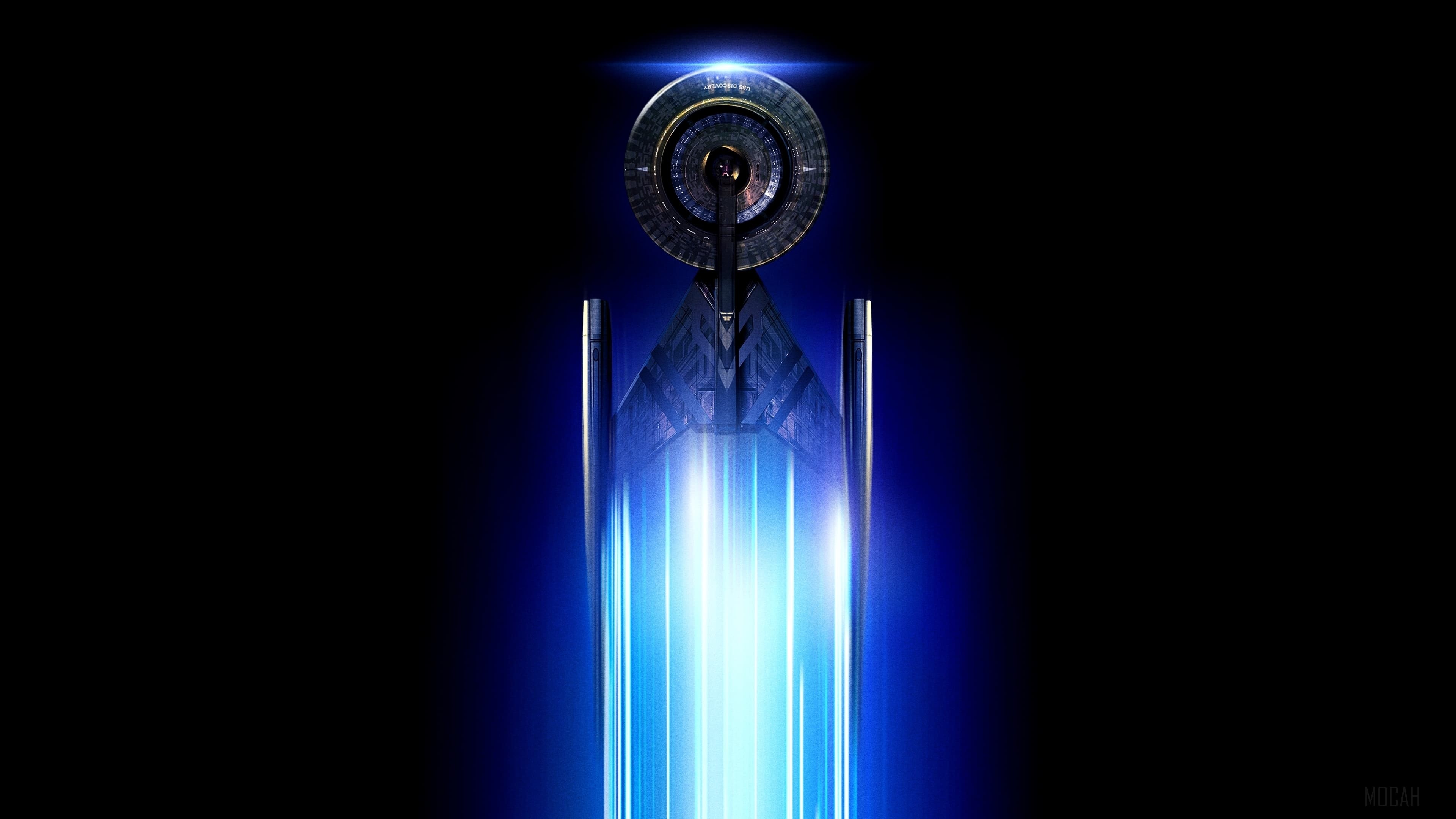 Star Trek Discovery spaceship with blue light trails 4K HD Wallpaper