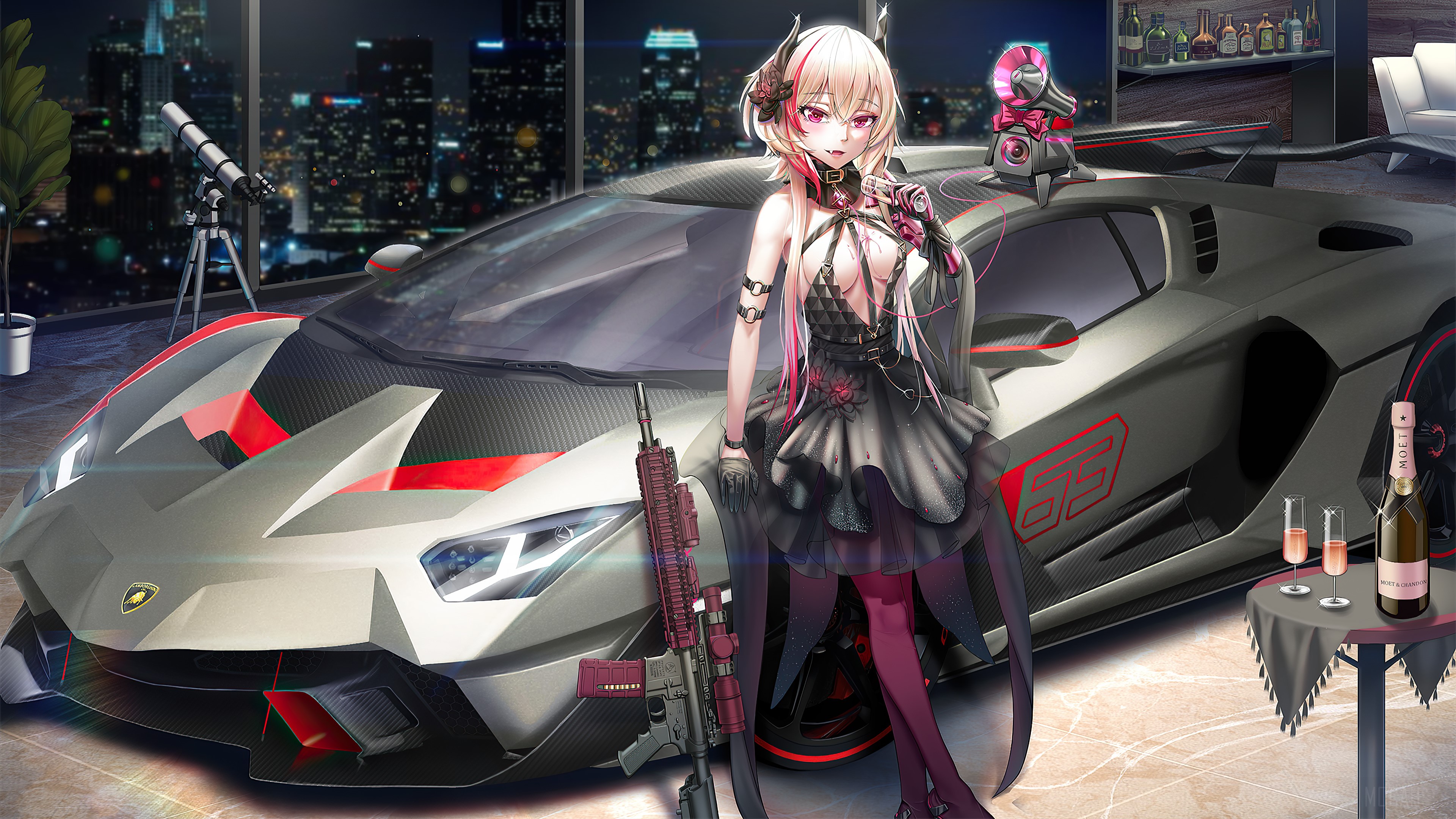 Anime Girl with Lamborghini and Rifle 4K HD Wallpaper
