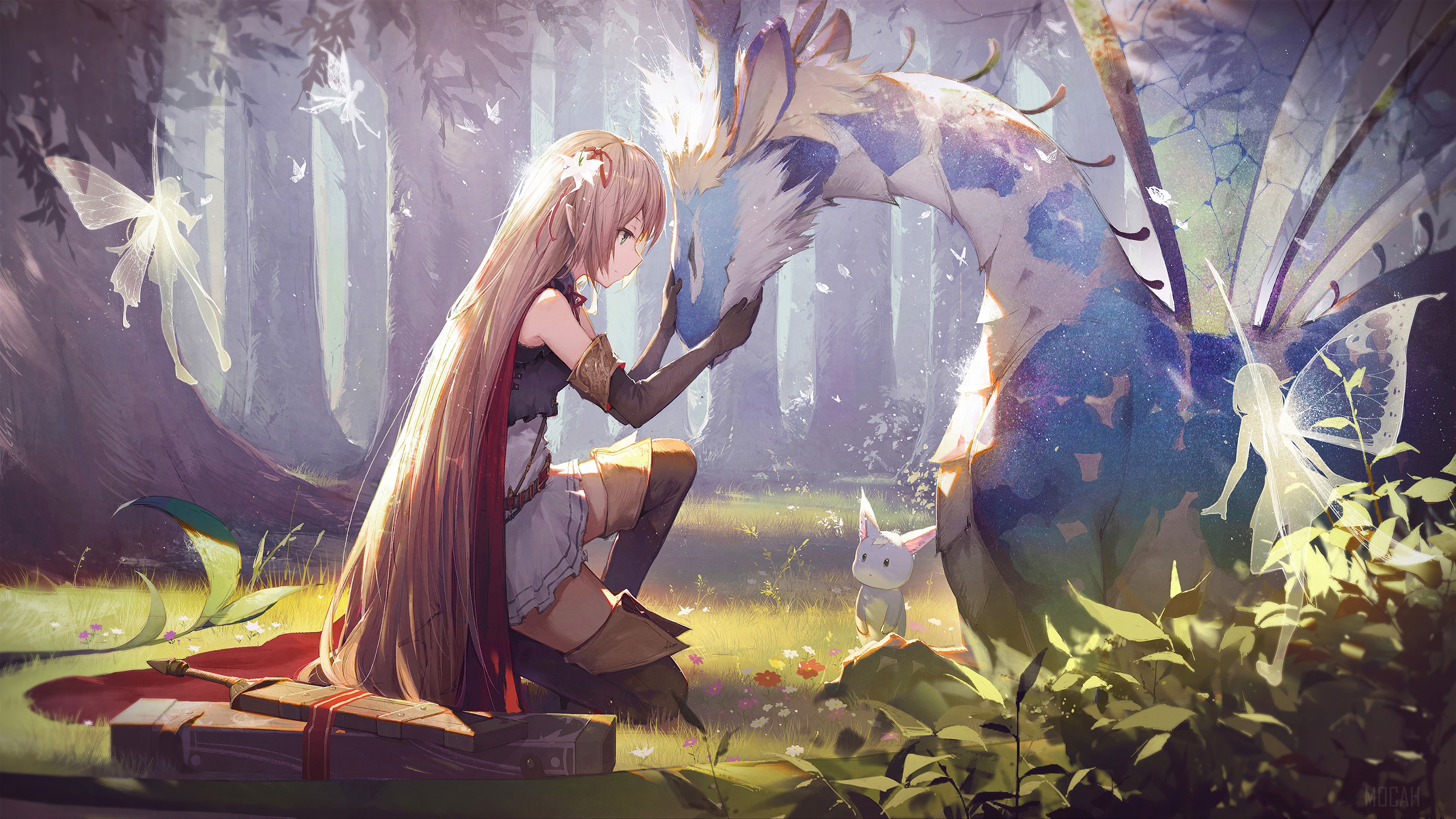 Girl Bonding With Fairies and Dragon in Forest 4K HD Wallpaper