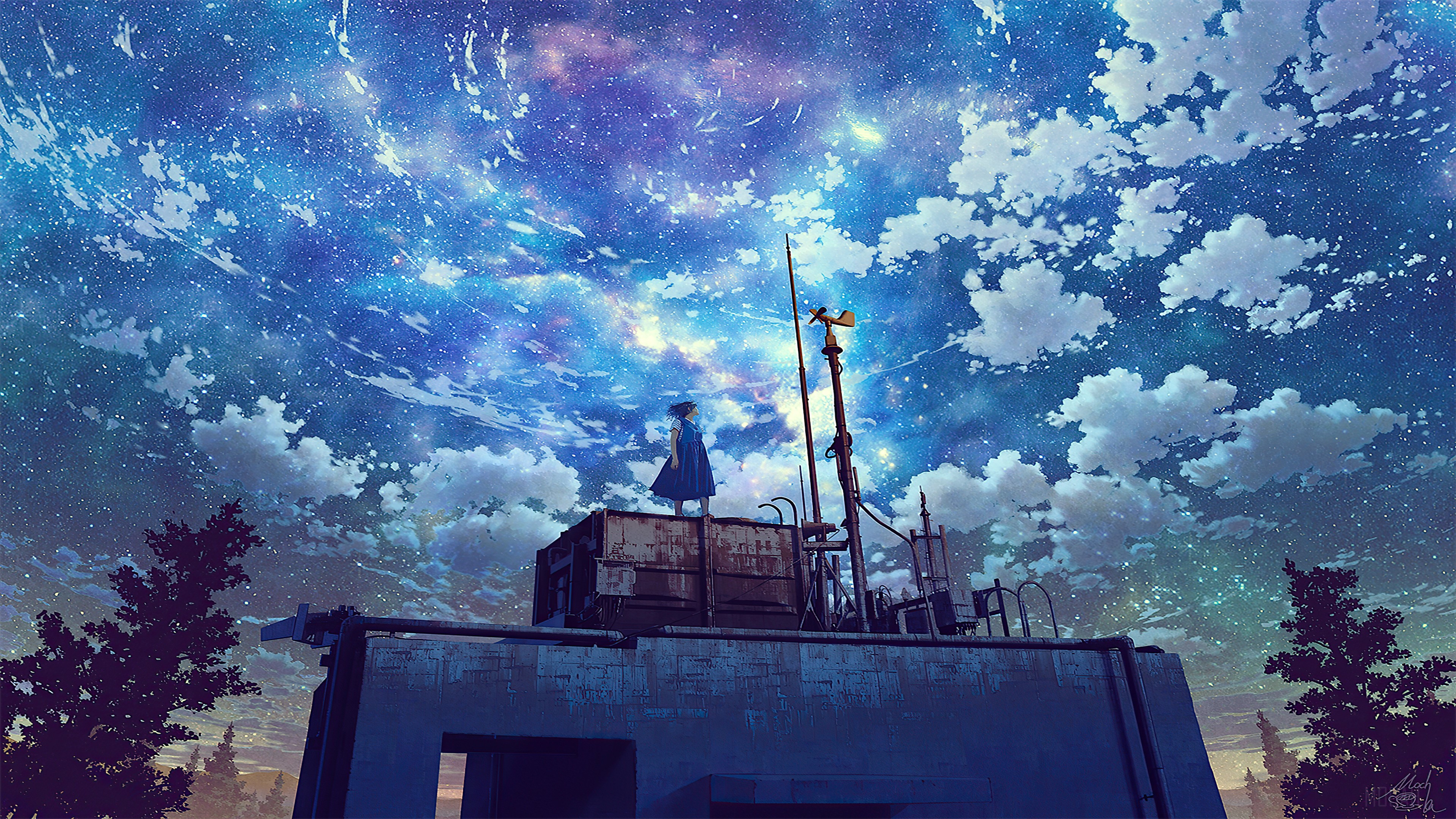 Anime girl watching galaxy from rooftop 4K HD Wallpaper