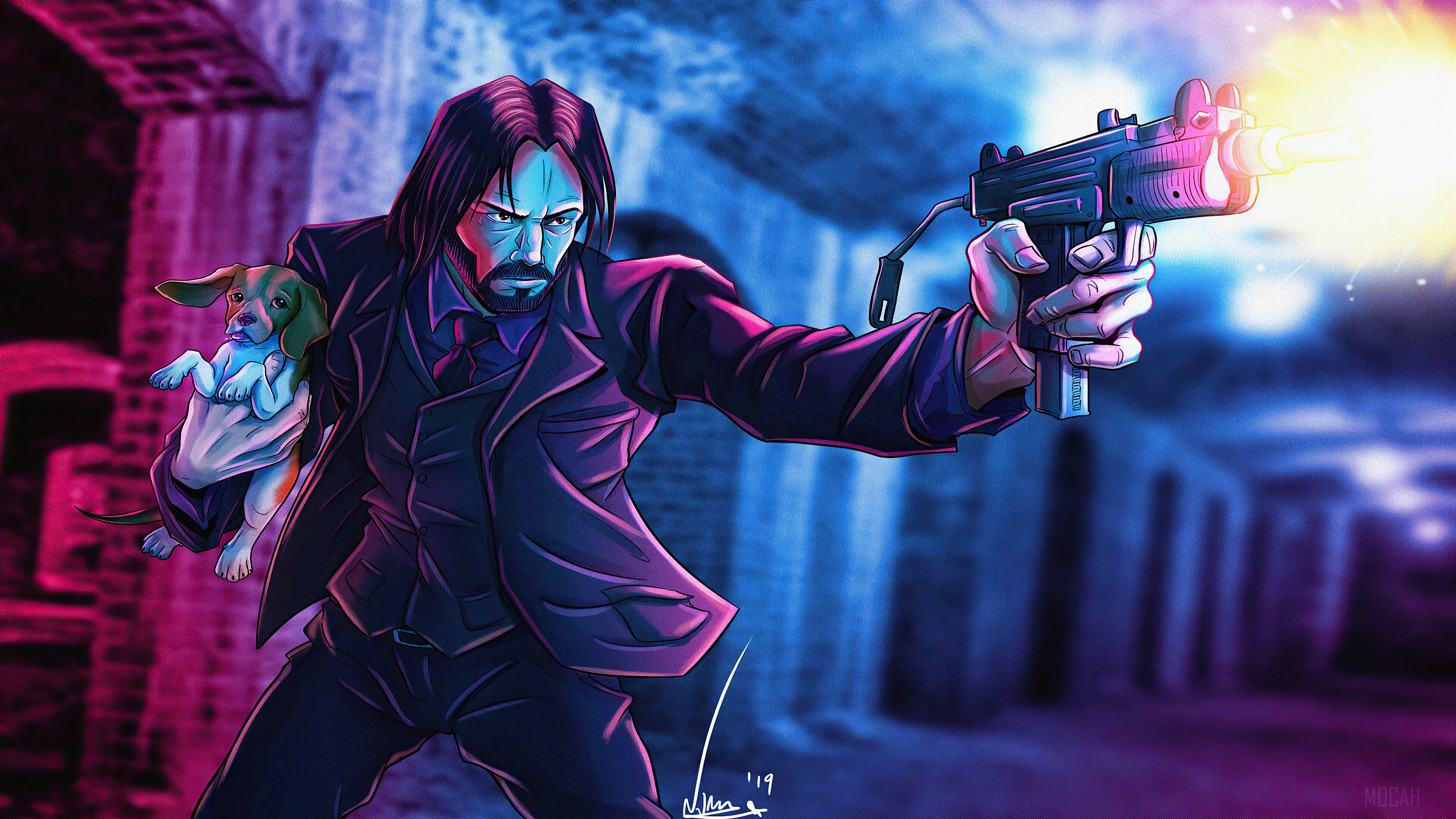 John Wick holding a puppy and firing a gun HD Wallpaper