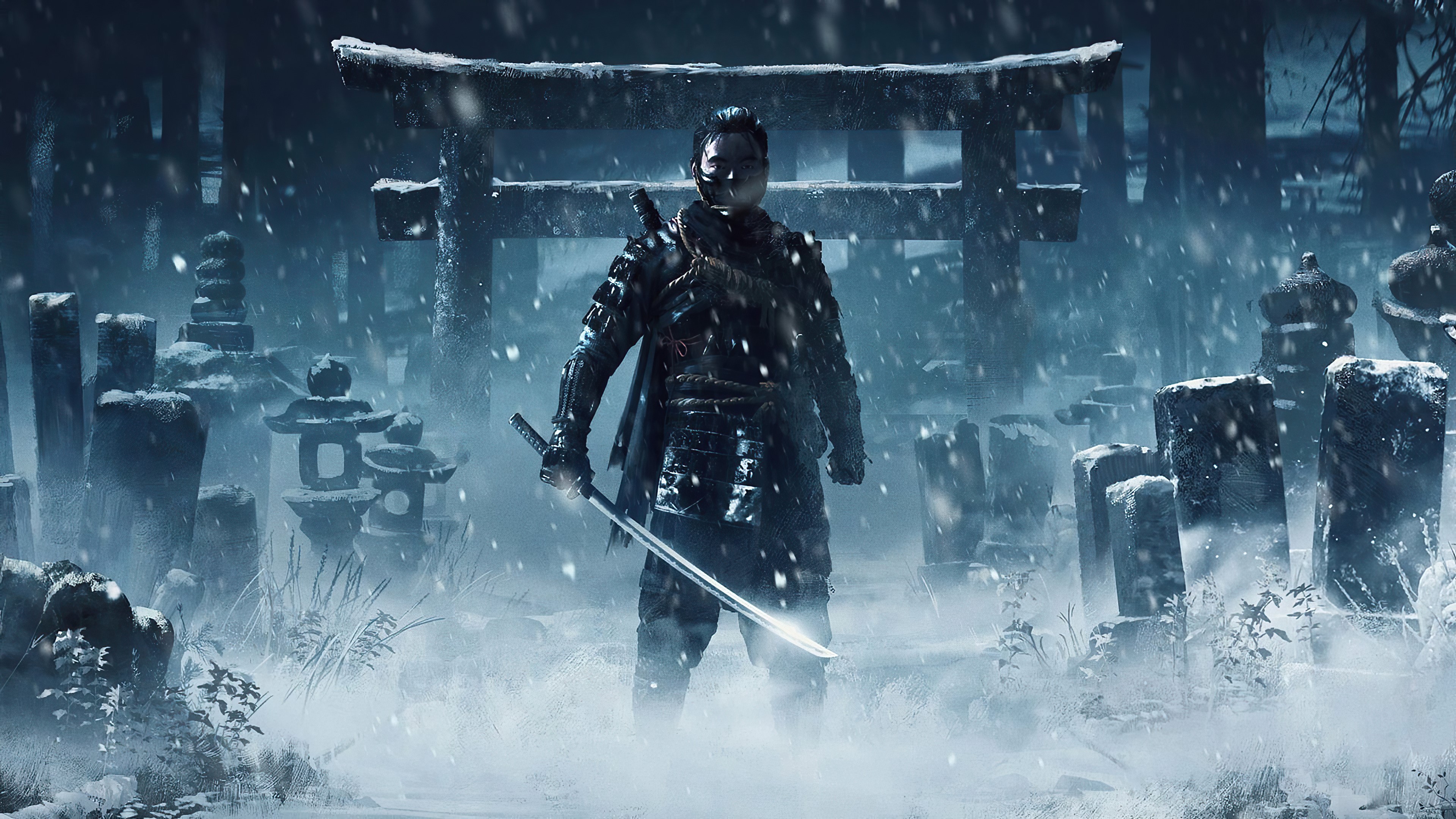 Samurai warrior in armor holding a sword in a snowy graveyard HD Wallpaper