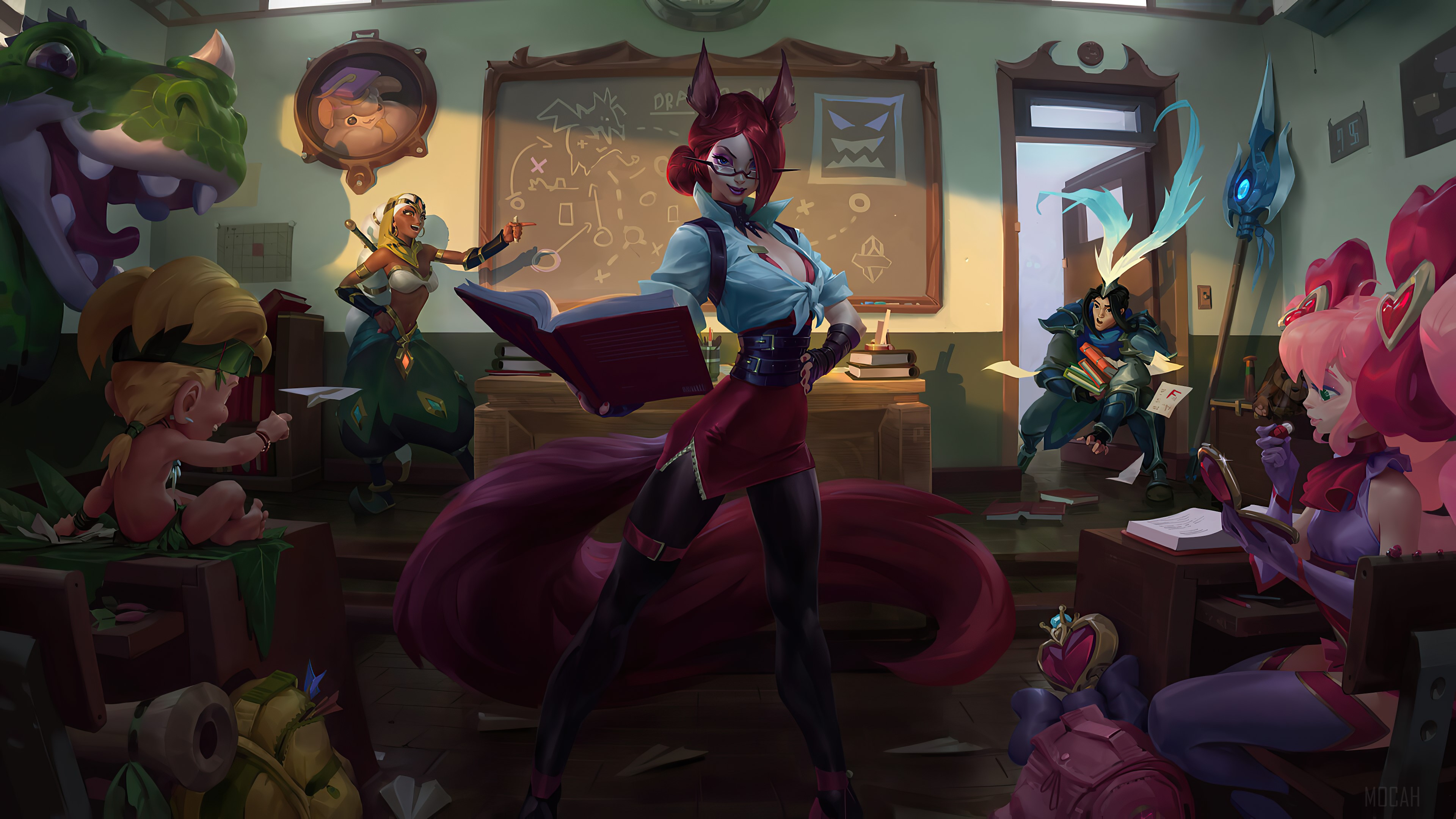 Ahri and students in a classroom HD Wallpaper