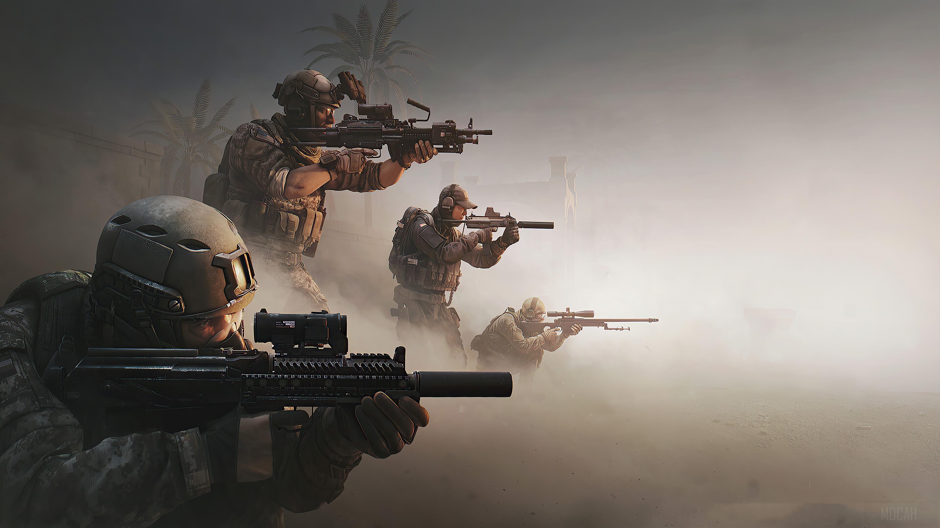 Soldiers with rifles in a dusty environment HD Wallpaper