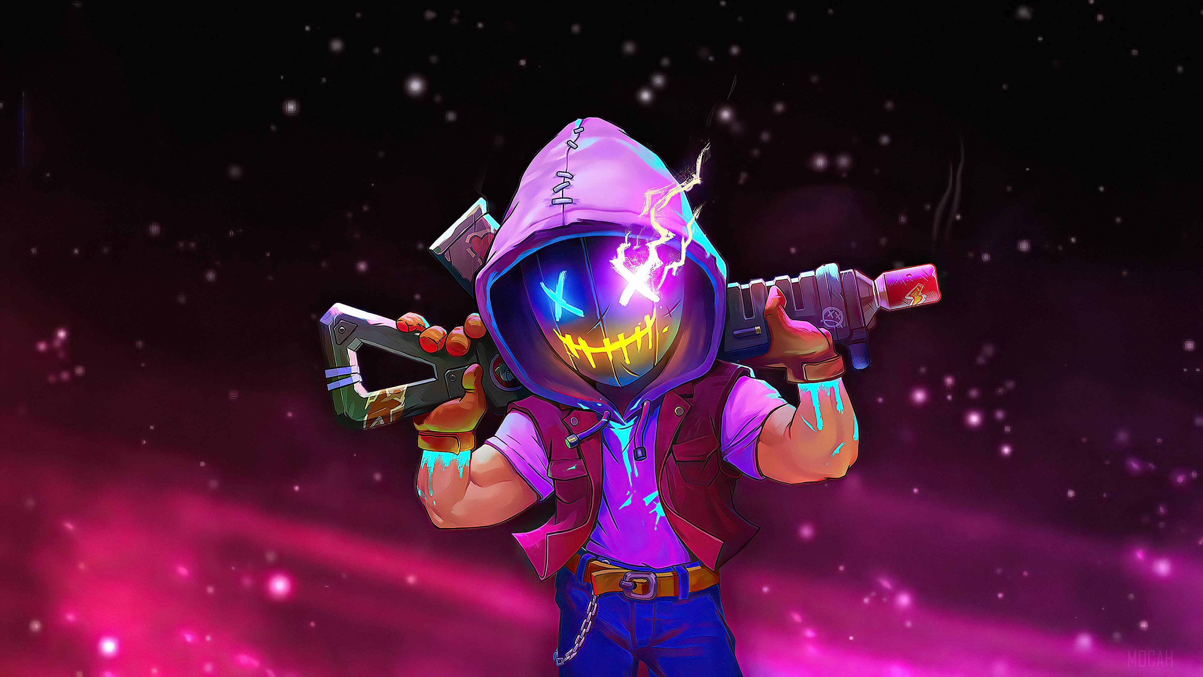 Character with Neon Mask and Gun from Neon Abyss 4K HD Wallpaper