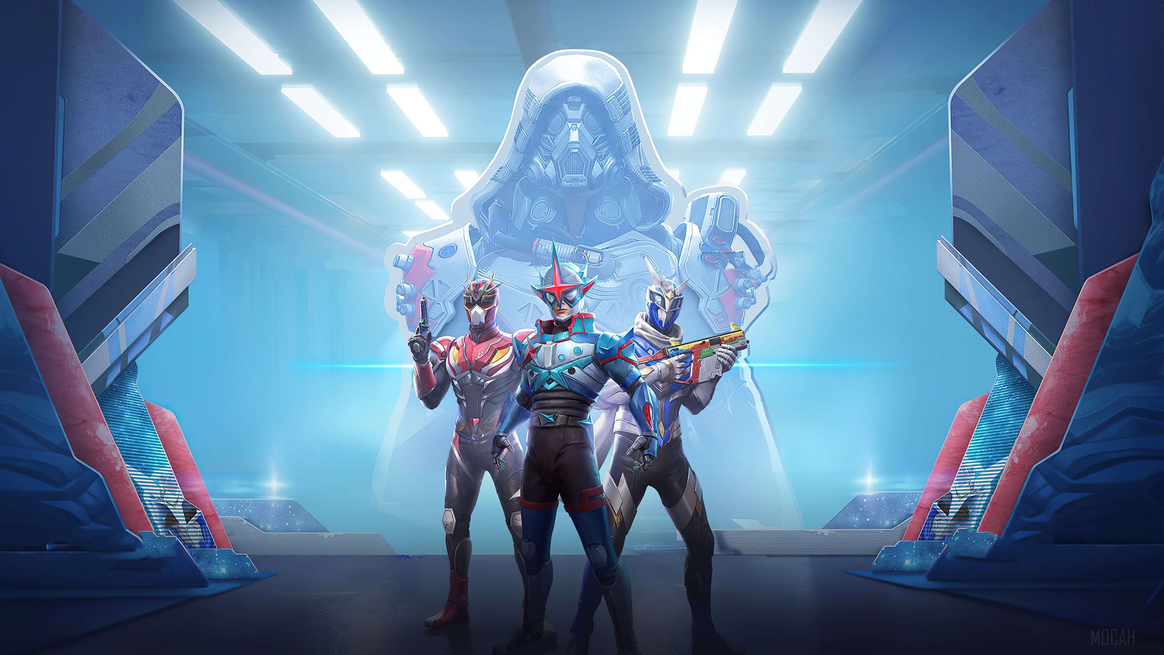 Three futuristic soldiers in a sci-fi environment HD Wallpaper