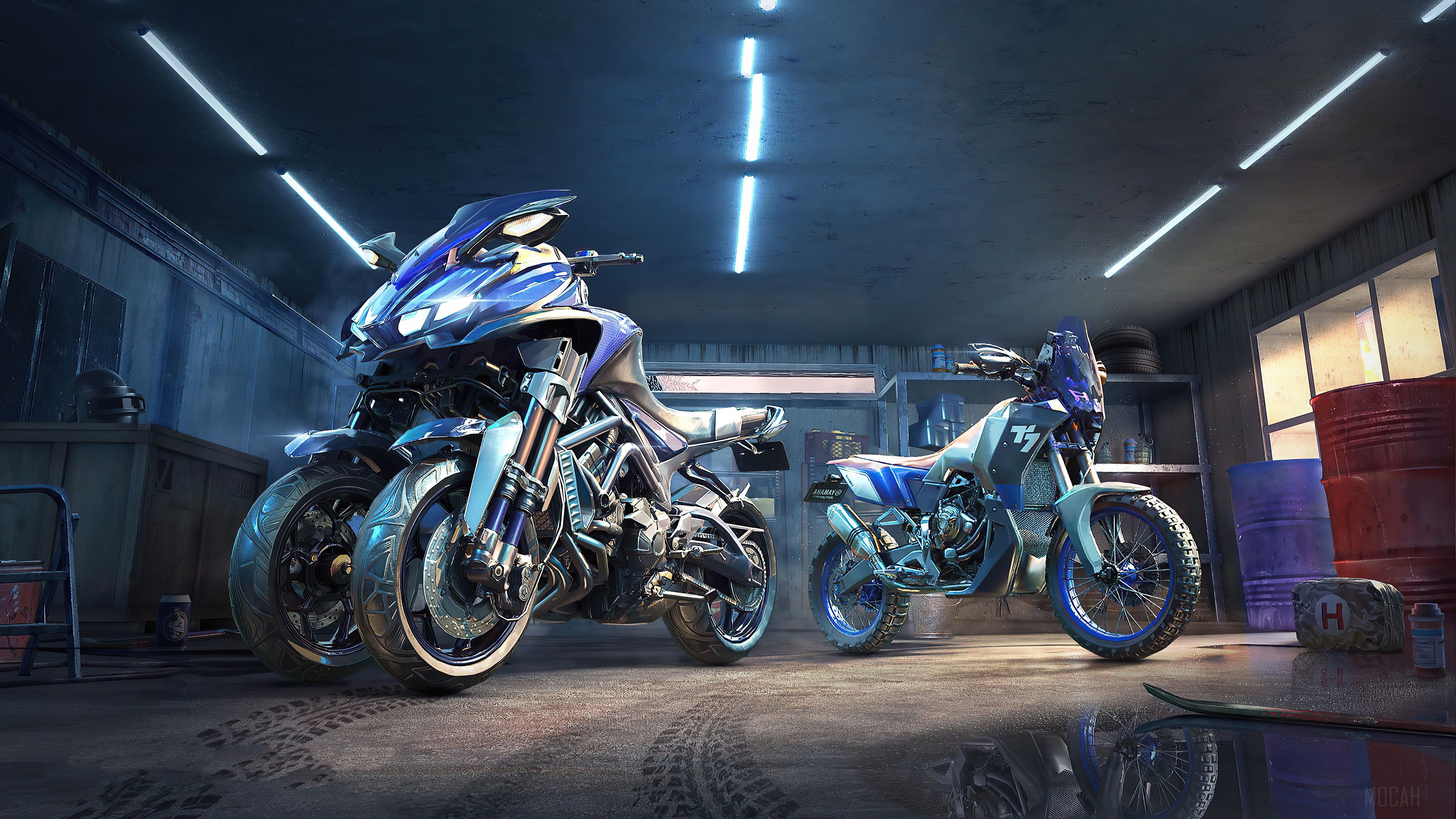Two Yamaha motorcycles in a garage 4K HD Wallpaper