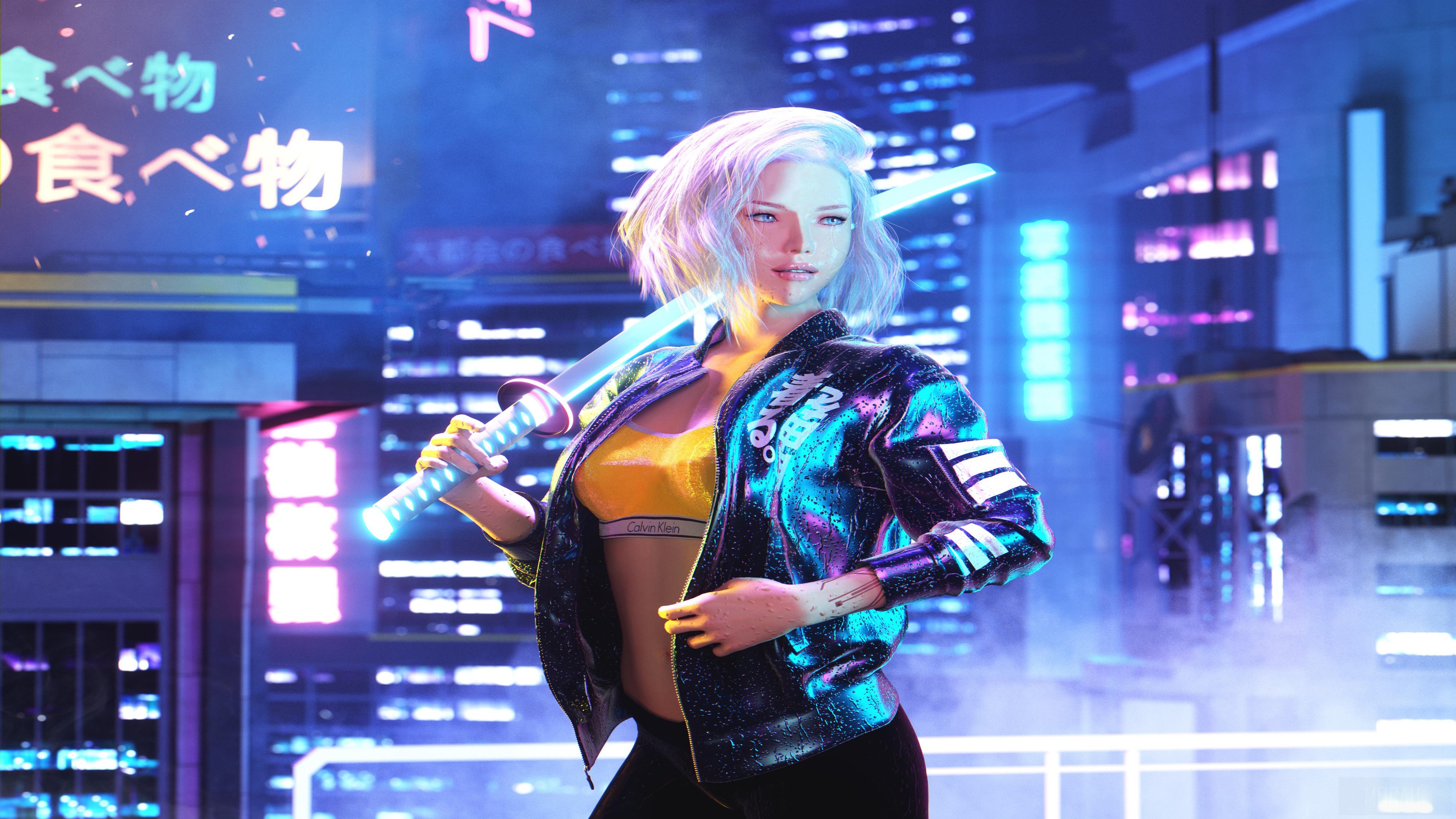 Cyberpunk Girl with Neon Sword 4K HD Wallpaper
