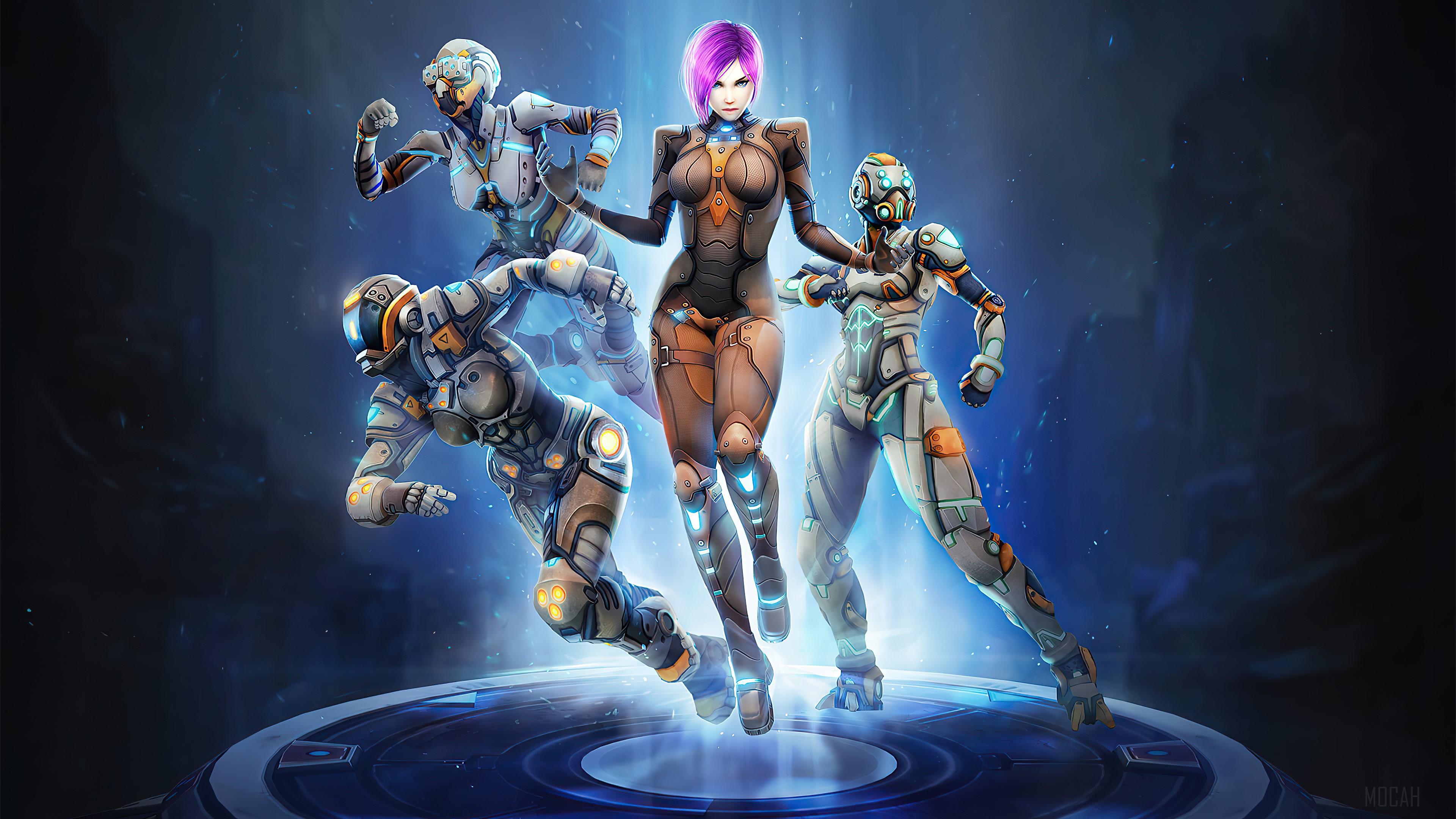 Four female cyborgs in futuristic armor on a platform HD Wallpaper