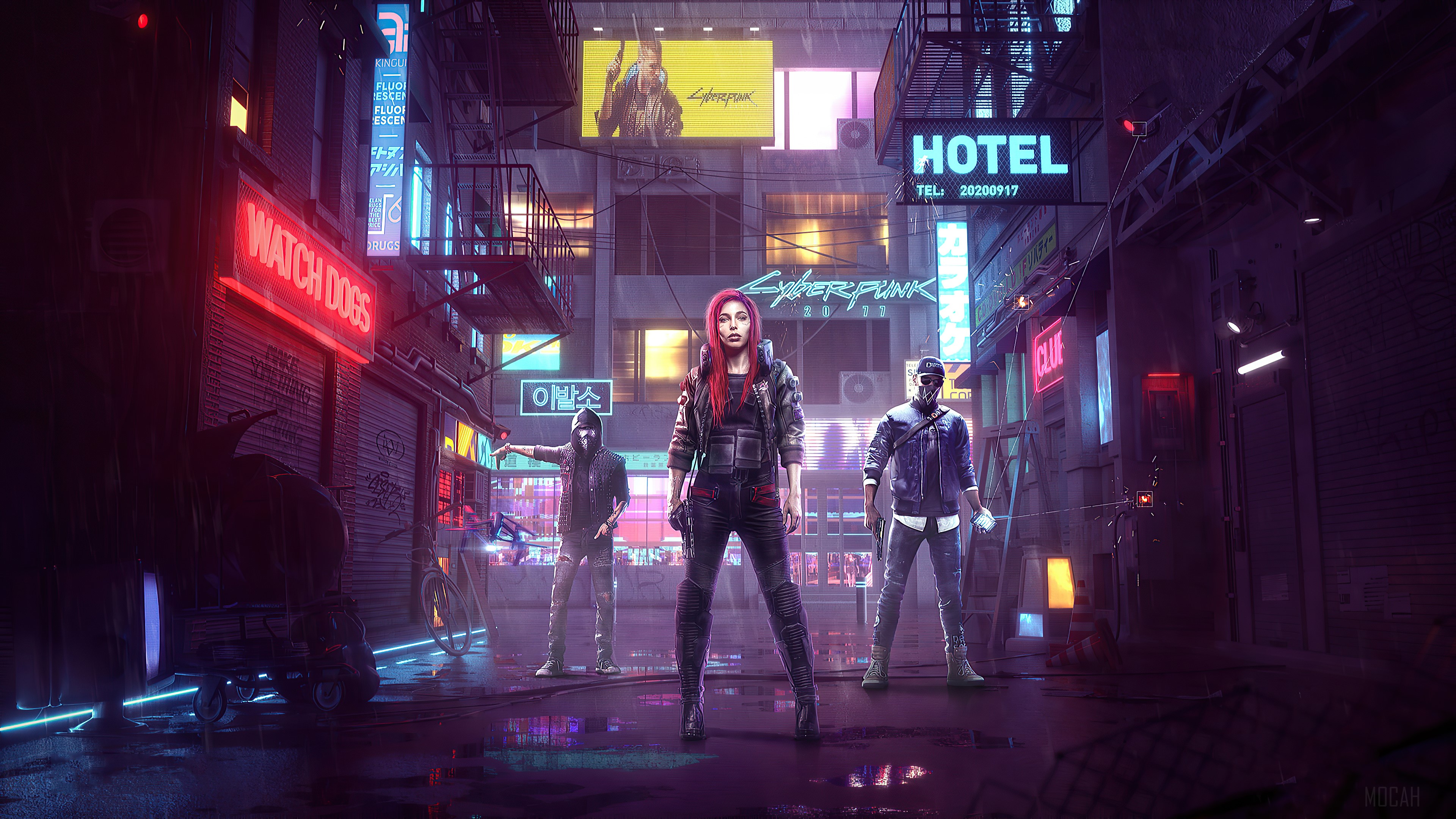 Cyberpunk 2077 characters in a neon-lit alley HD Wallpaper