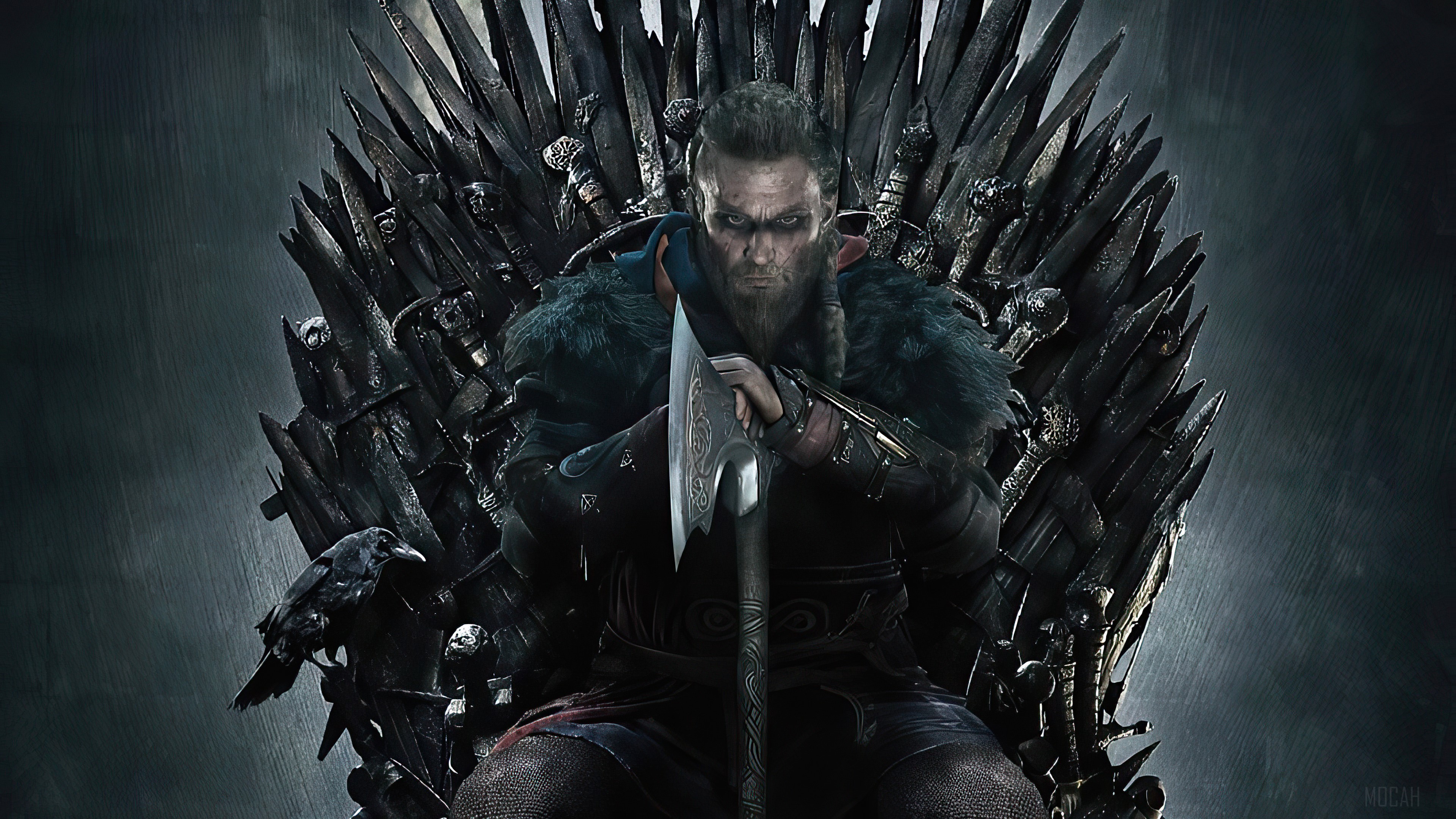 Eivor from Assassins Creed Valhalla on the Iron Throne 4K HD Wallpaper