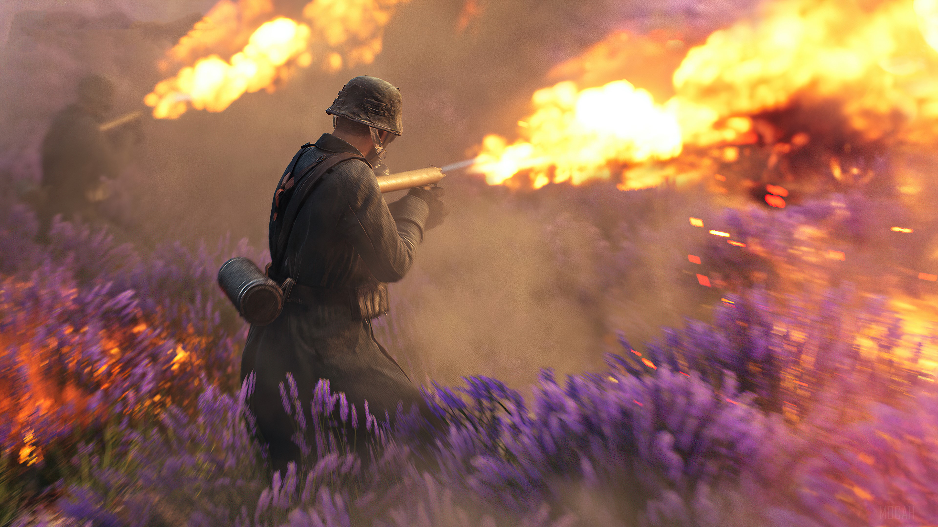 Soldier firing flamethrower in Battlefield V 4K HD Wallpaper
