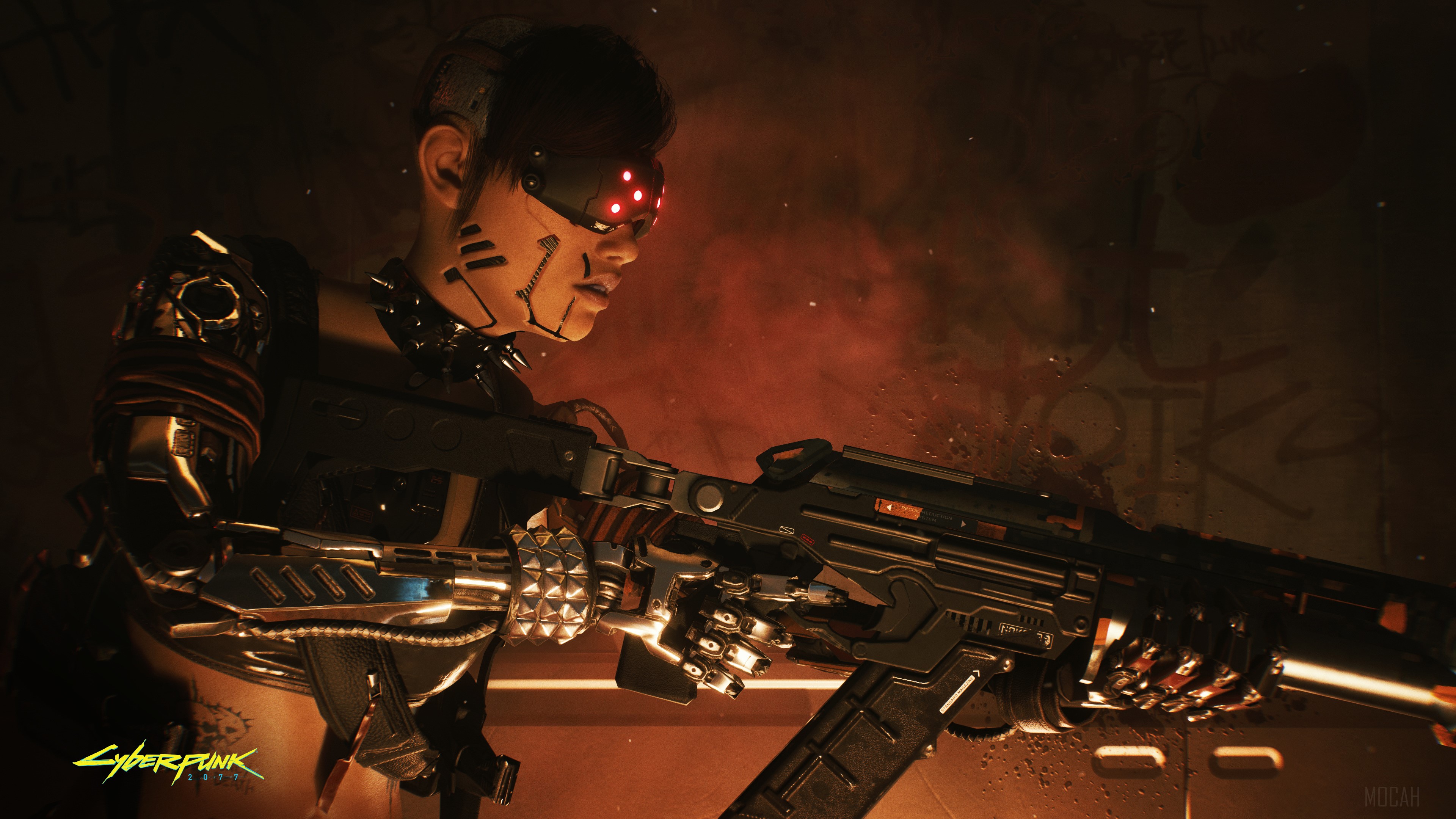 Female character with cybernetic enhancements holding a futuristic rifle in Cyberpunk 2077 4K HD Wallpaper