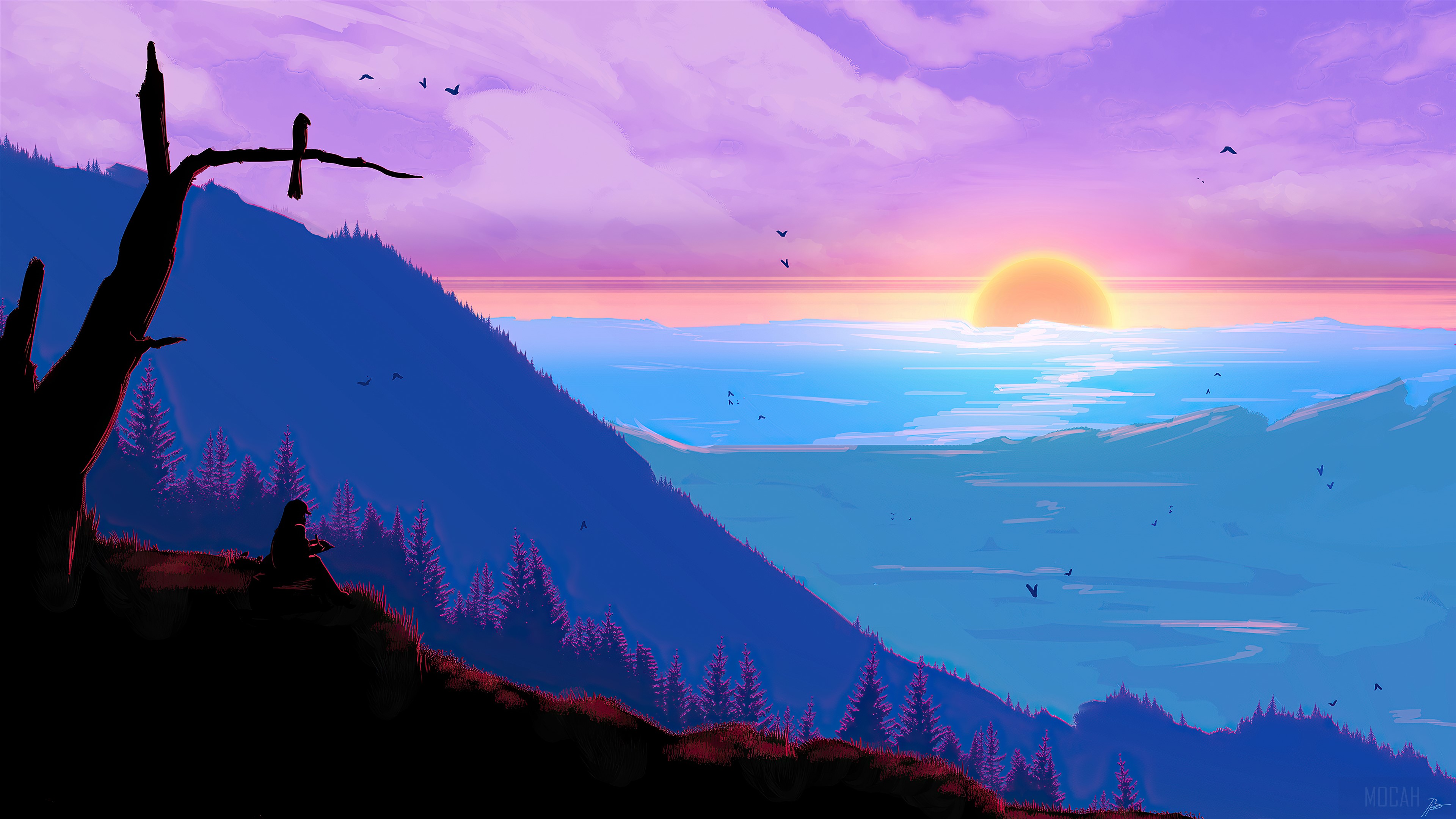 Person sitting on a cliff overlooking a sunset over the ocean HD Wallpaper